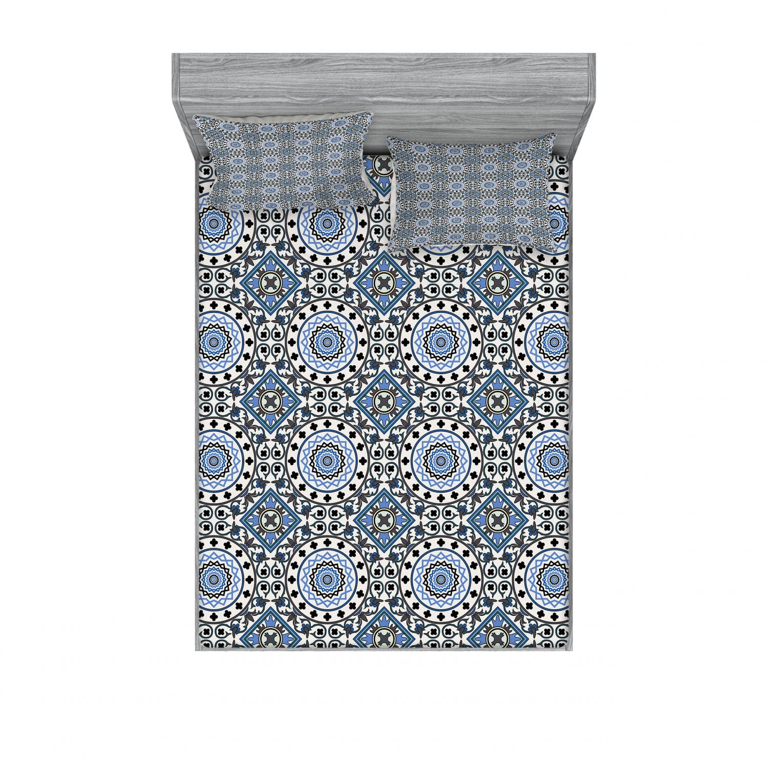 Ambesonne Oriental Mosaic 2-Piece Queen Fitted Sheet Set with 4 Pillow Shams - Grey White Blue Bedding Decor for Modern Bedroom & Guest Room