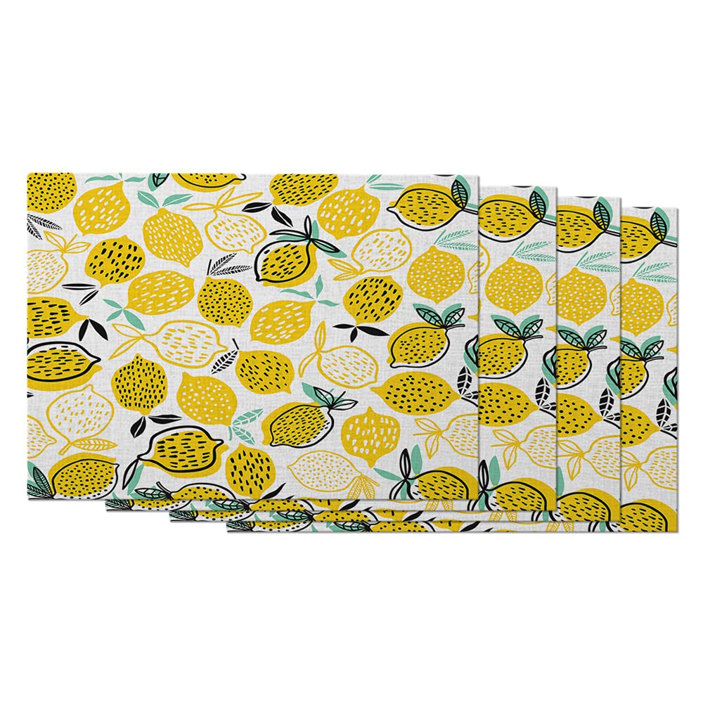 Premium 12x18 Inch Cotton Linen Placemats Set of 4 - Cute Lemon Tropical Summer Table Mats for Dining Room, Kitchen & Outdoor Picnics | Fresh Fruit Pattern Home Decor
