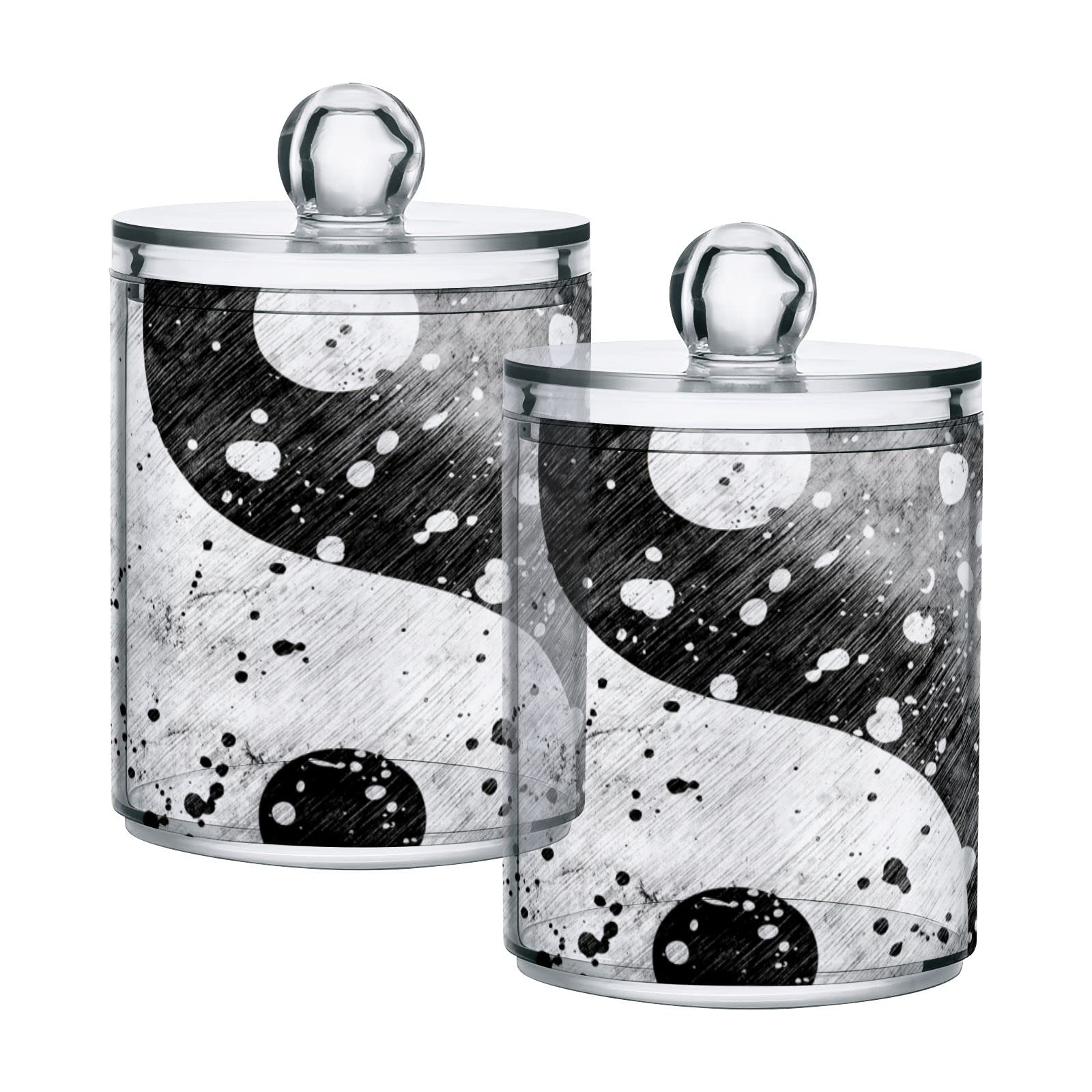 Vintage Yin Yang Design Plastic Storage Jars with Lids - Set of 2 Translucent 10oz Food Containers for Tea, Cookies & Cotton Swabs | Grunge Pattern with Stains | Perfect for Kitchen Pantry Organization, Bathroom Storage & DIY Canning Supplies
