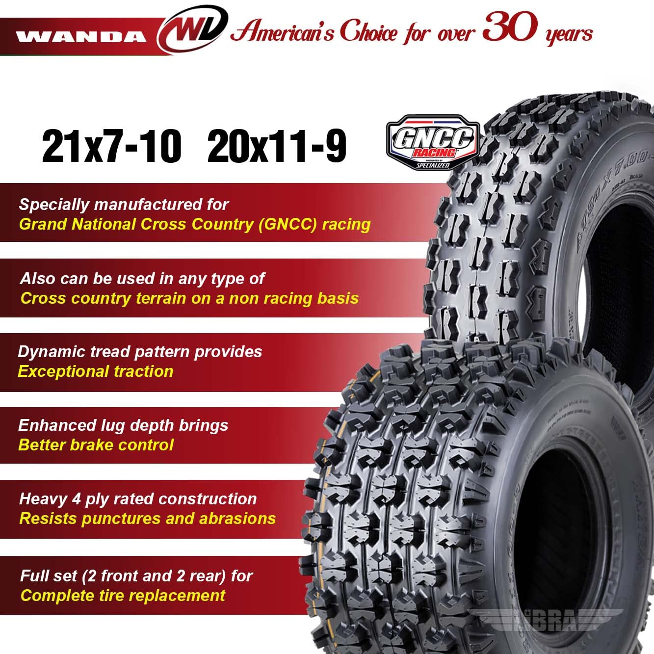 WANDA Set of 4 ATV Tires 21x7-10 & 20x11-9 for KYMCO Mongoose 250 270 300 - GNCC Racing Tires for Off-Road, Trail Riding & Mud Terrain