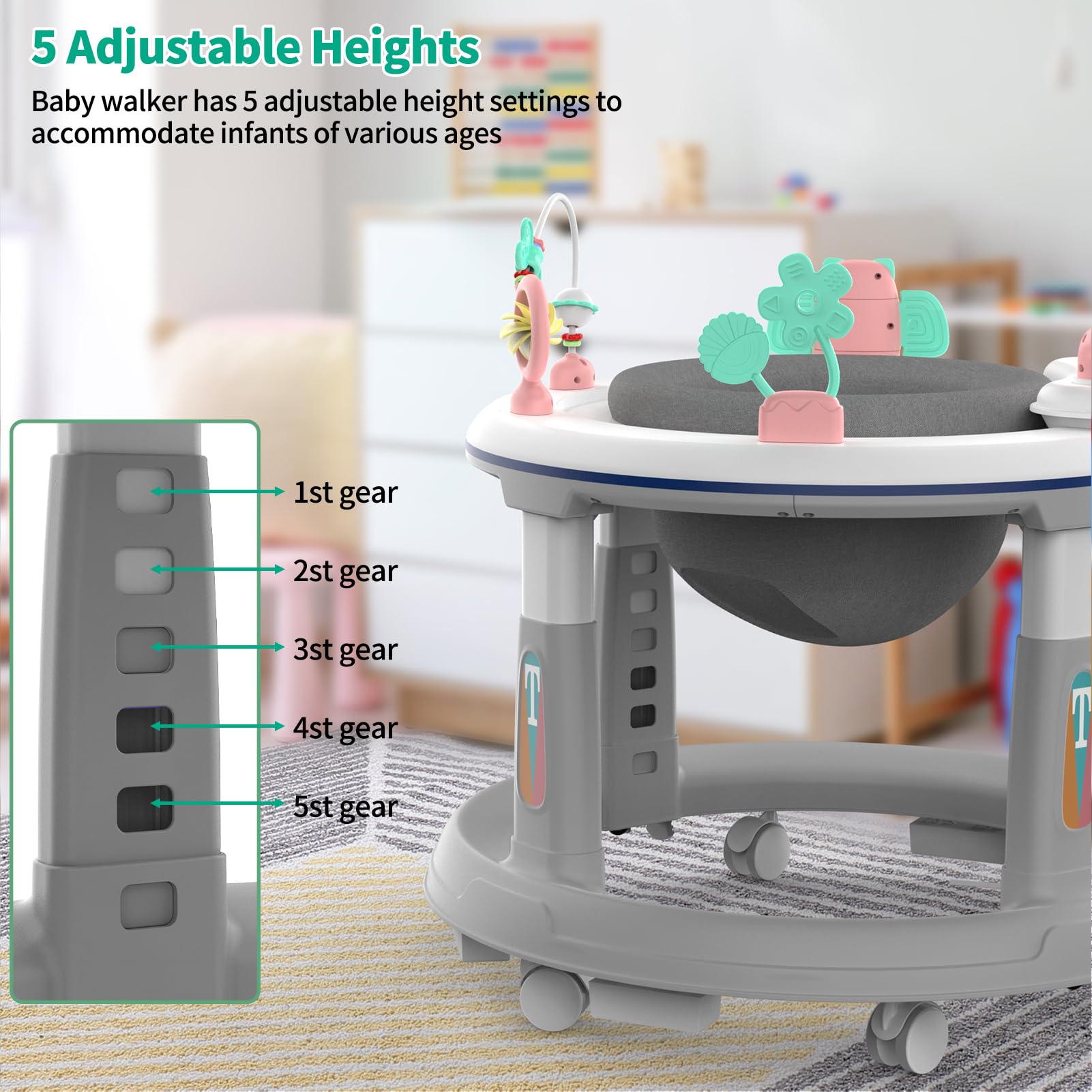 Best Baby Walker with Wheels, Music & Lights - Adjustable Height Activity Center for Boys & Girls 6-12 Months | 5 Height Settings, Detachable Toys & Bounce Pad | Perfect for Learning to Walk & Indoor Playtime