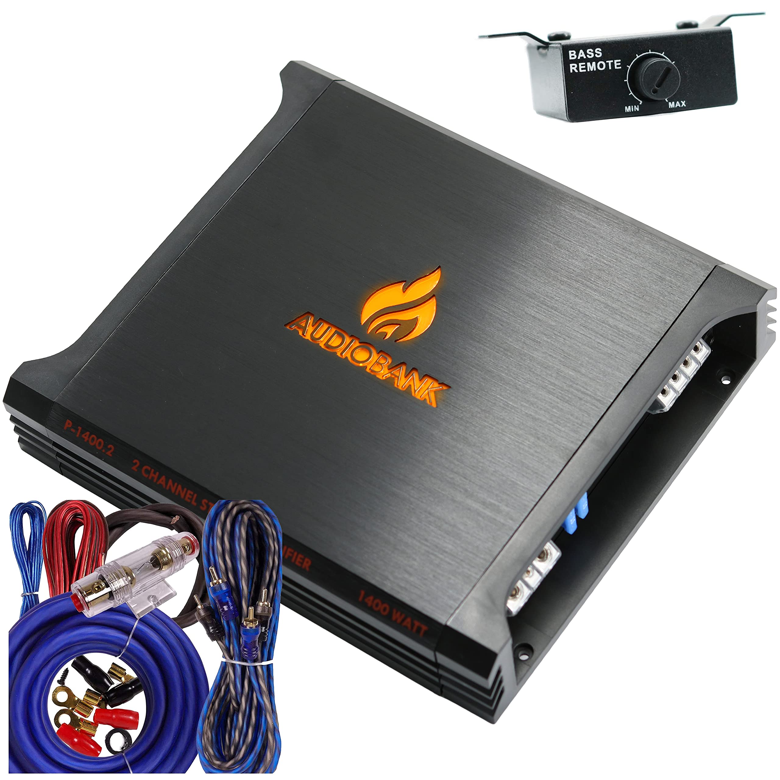 Audiobank AB1400.2 2400W 2-Channel Class A/B Car Amplifier - 2 Ohm Stable, Bass Control, Bridgeable, LED Indicator with 4 Gauge Amp Kit (Blue) - Perfect for Car Audio Upgrades & Bass Enhancement Systems