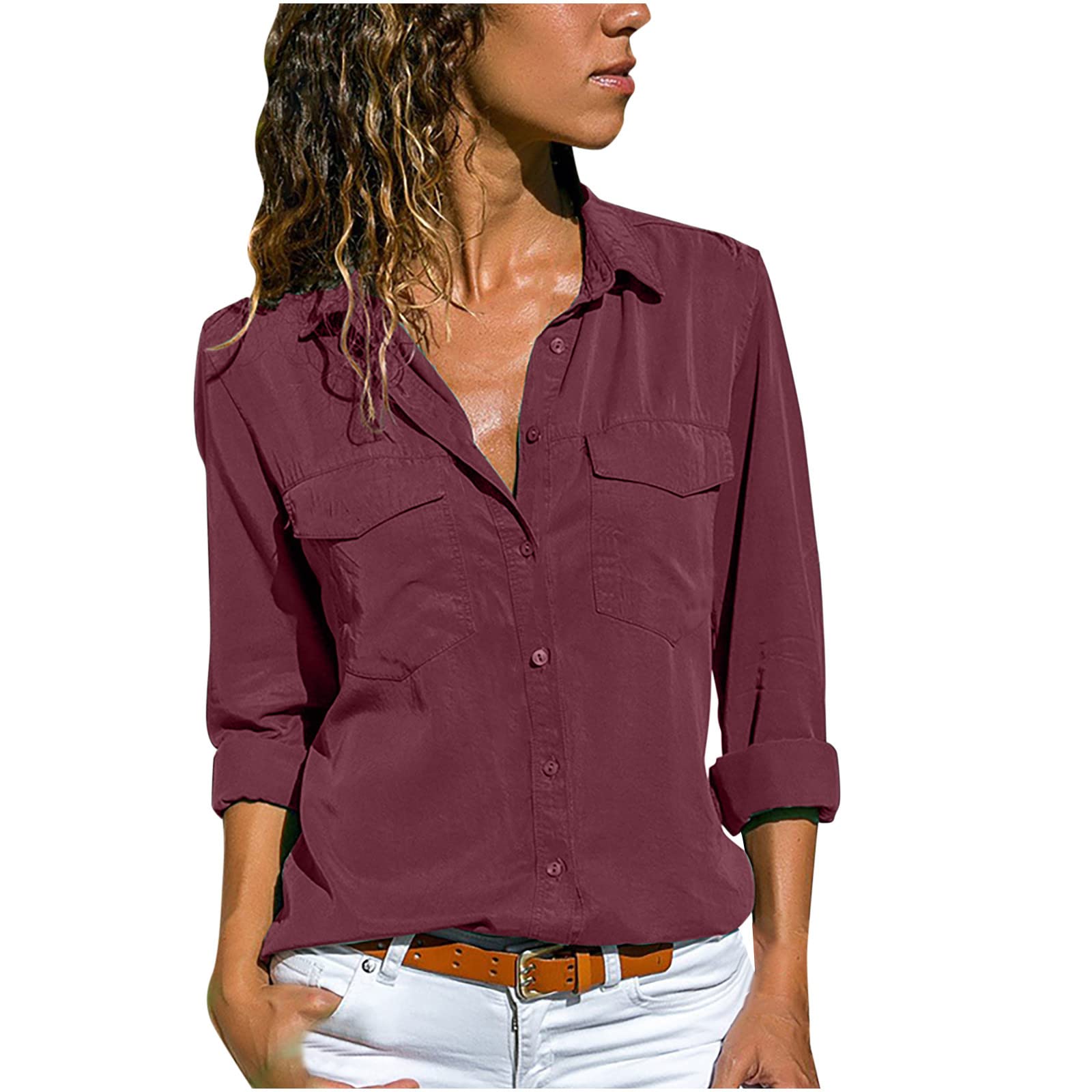 Women's Fall Winter Button Down Shirts - Cute Casual Long Sleeve Plus Size Blouses with Turndown Collar | Work, Office & Everyday Wear | Solid Color Tops