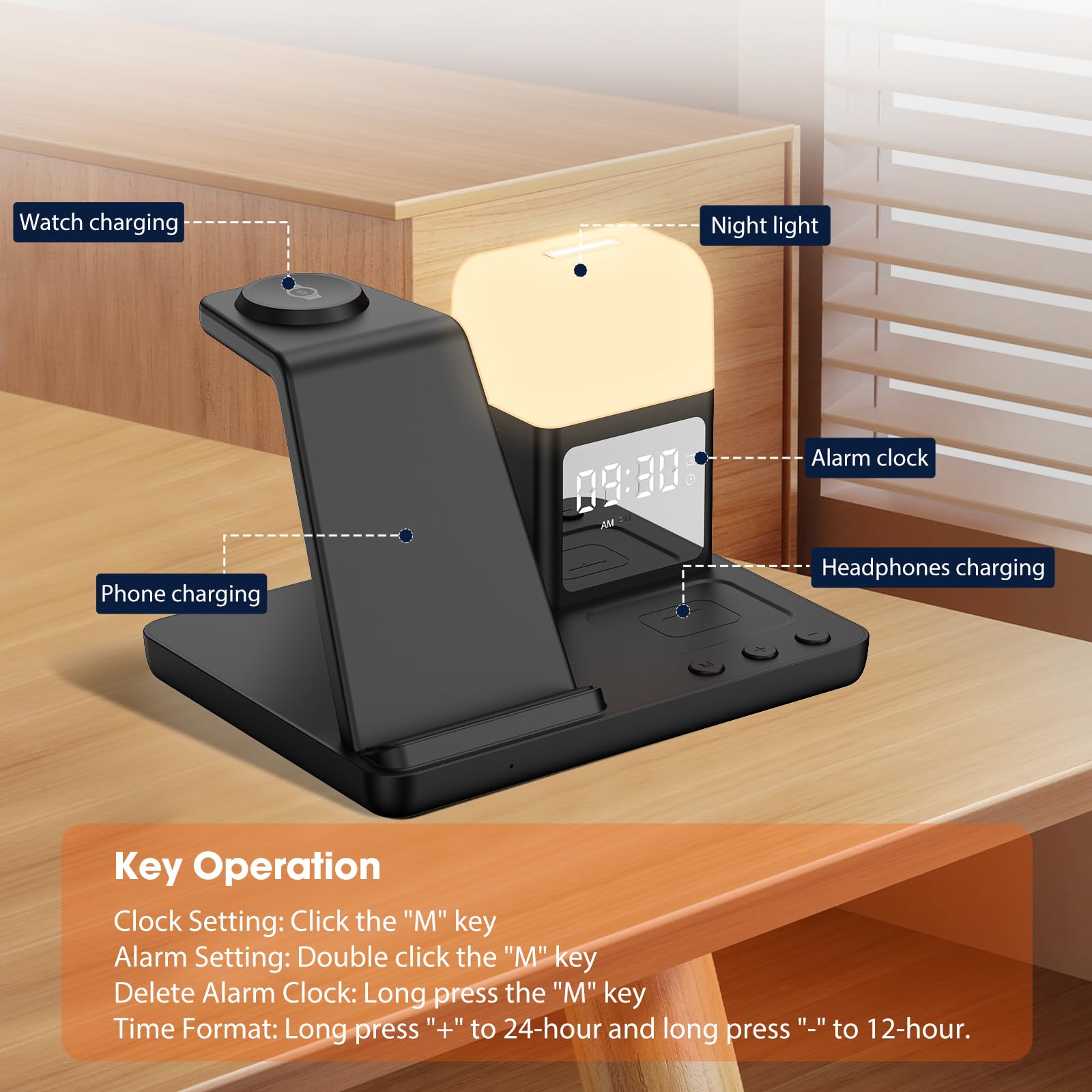 6-in-1 Wireless Charging Station for Samsung Galaxy S25/S24/S23 Ultra & Buds3 Pro - Fast Charger Stand with Alarm Clock & Night Light - Compatible with Galaxy Watch 7/6/5 (Black) | Perfect for Bedside, Office & Travel Charging