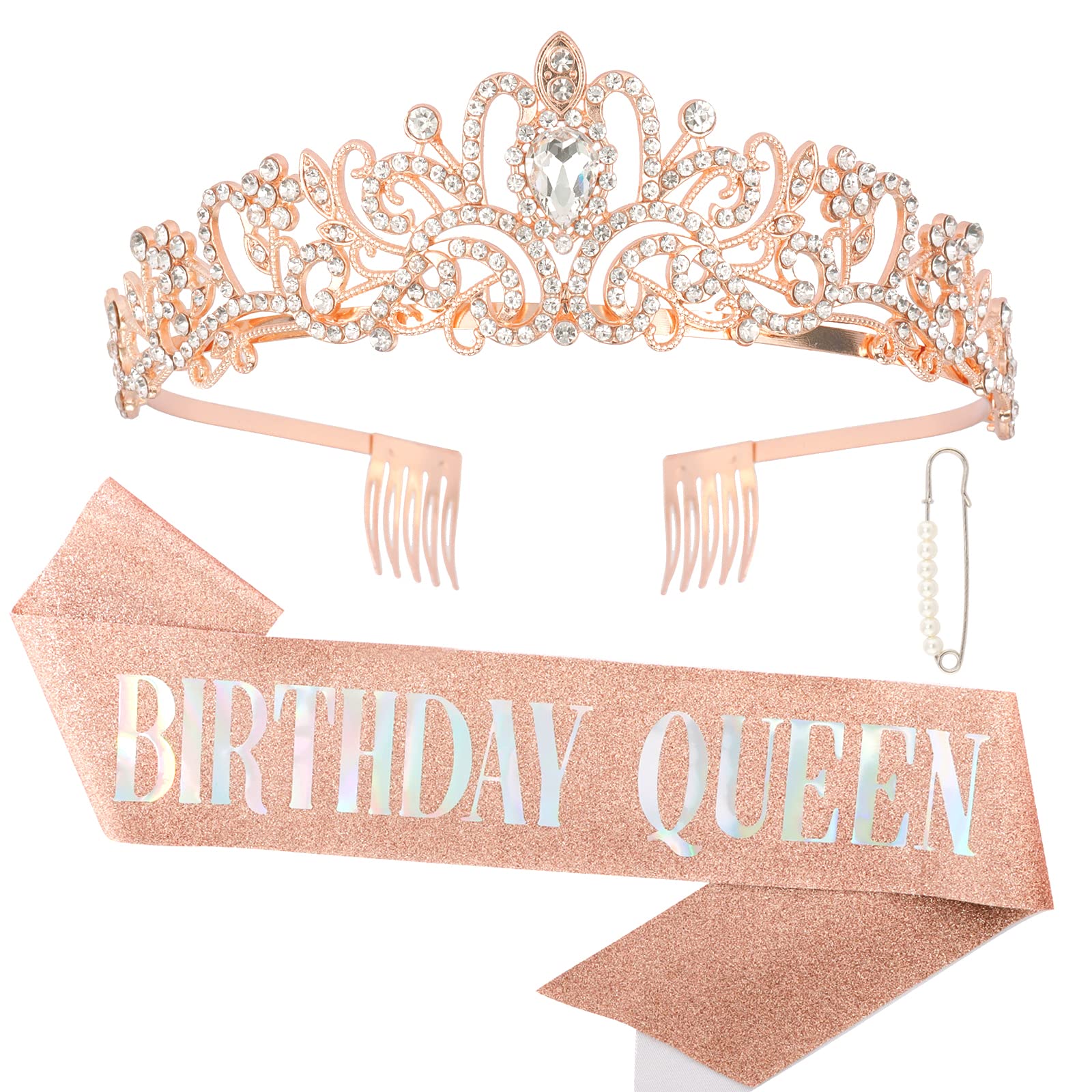 Rose Gold Birthday Crown & Tiara Set for Women - Queen Birthday Sash & Party Decorations | Perfect for Birthday Parties, Bridal Showers & Bachelorette Celebrations
