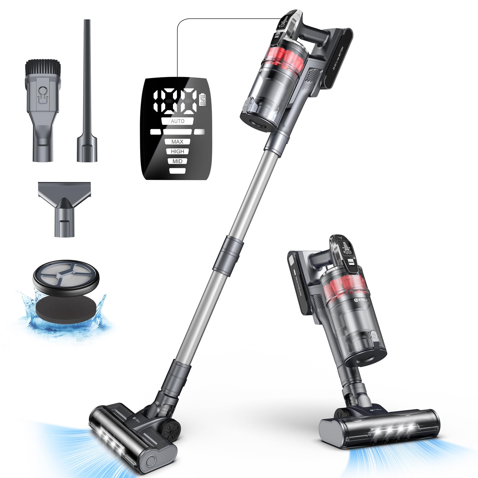 Powerful 8-in-1 Cordless Stick Vacuum Cleaner with Auto Mode, 60 Min Runtime & Anti-Tangle Tech - LED Display Rechargeable Vacuum for Hard Floors, Carpets & Pet Hair - Perfect for Home Cleaning & Pet Owners