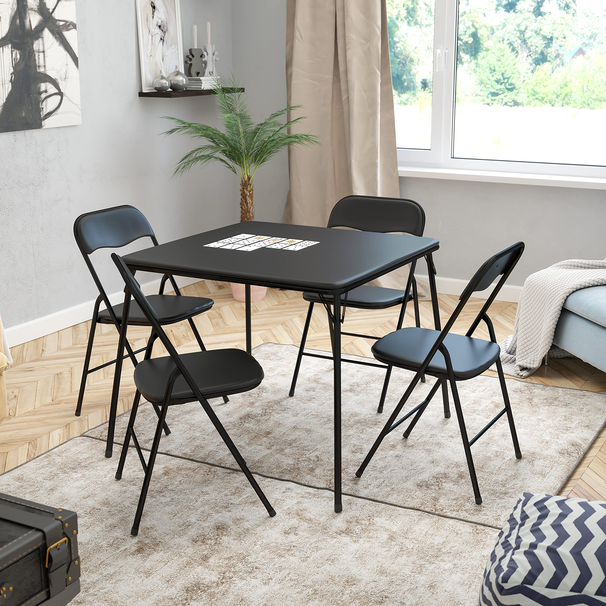 Flash Furniture Madison 5-Piece Folding Card Table and Chairs Set - Portable Event Table with 4 Chairs - Compact Black Gaming & Dining Set for Home, Parties, and Outdoor Events