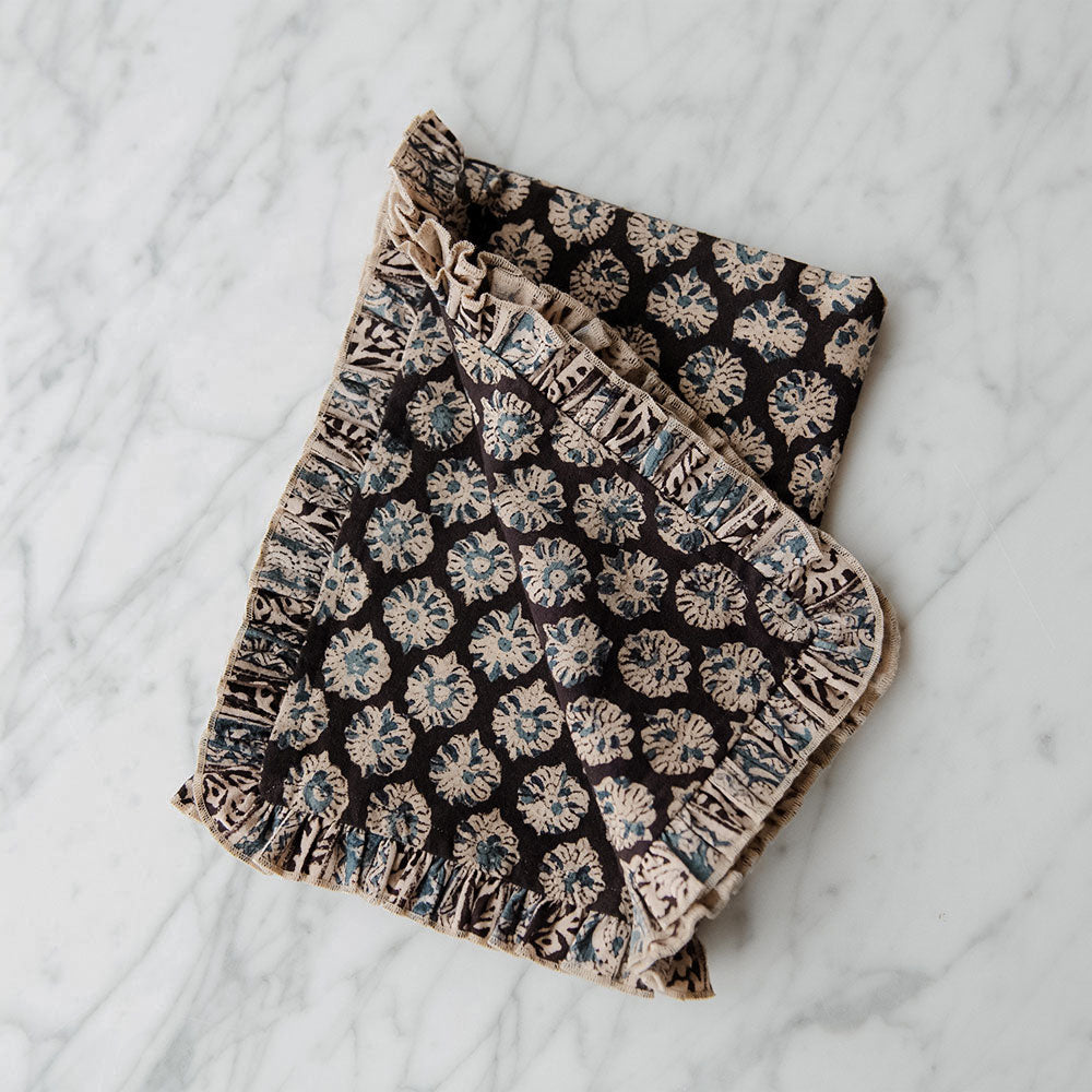 Handmade Block Printed Tea Towel with Decorative Ruffle Edge - Organic Cotton Kitchen Towel for Drying Dishes, Decor & Gift Giving