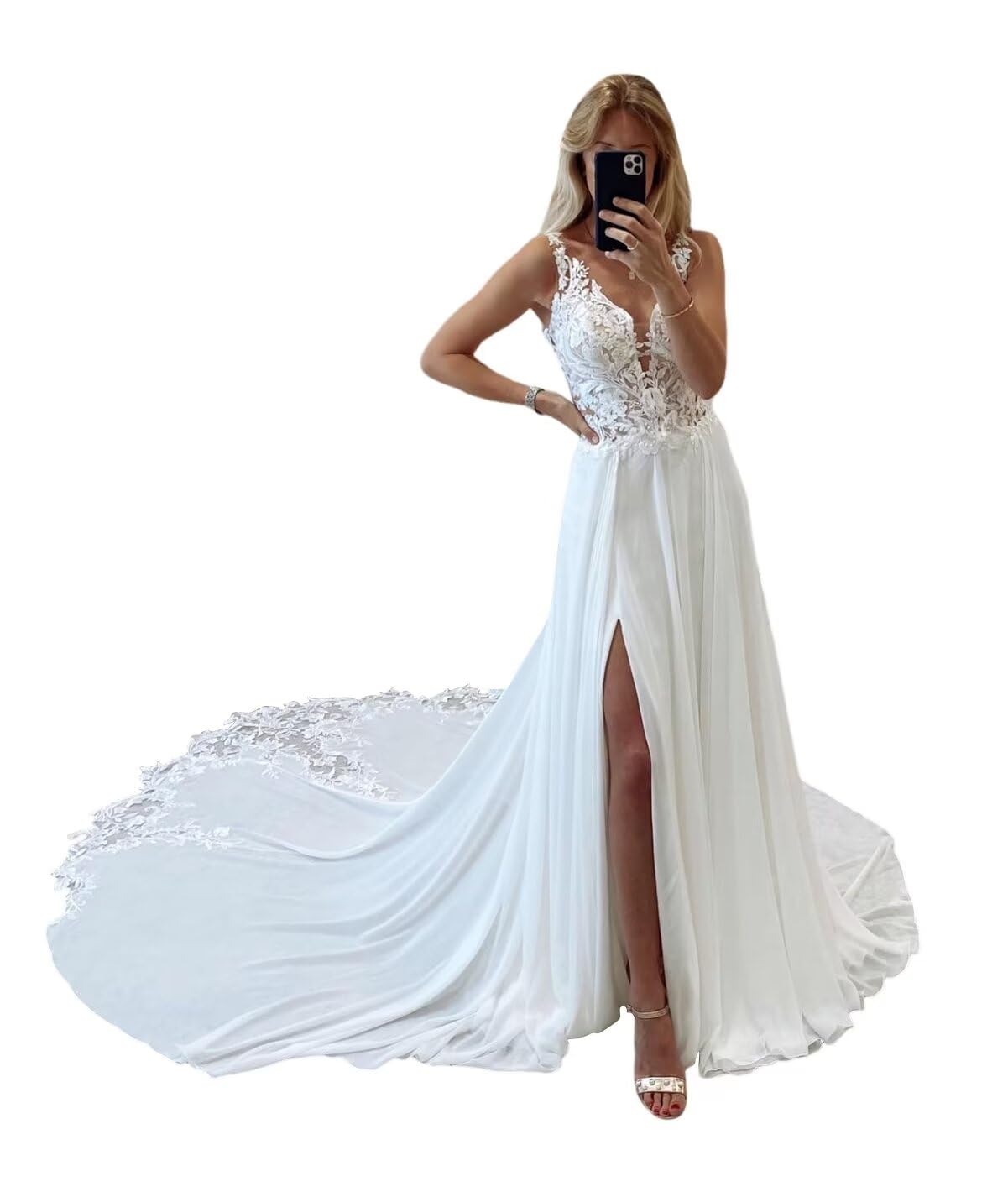 BITALY 2024 Boho Beach Wedding Dresses for Bride - Long Chiffon Lace Appliques Bridal Gowns for Women (BI030V) | Perfect for Beach, Destination & Outdoor Summer Weddings