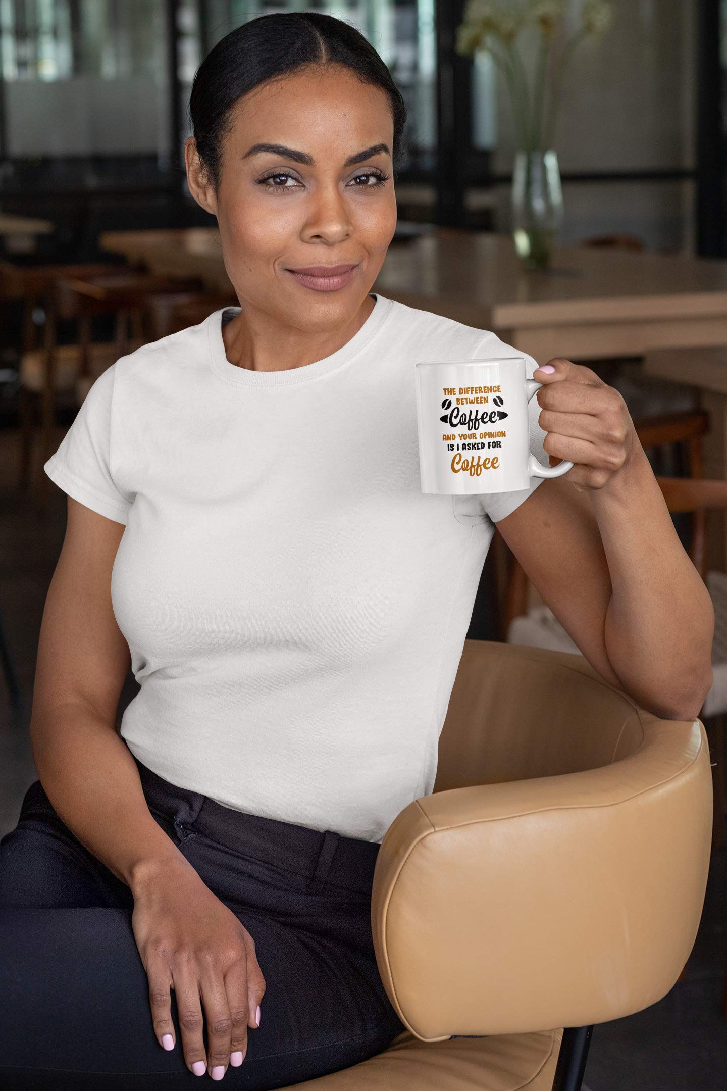 15oz Funny Coffee Mug - The Difference Between Coffee & Your Opinion - Perfect for Tea, Office, Gifts & Home Use