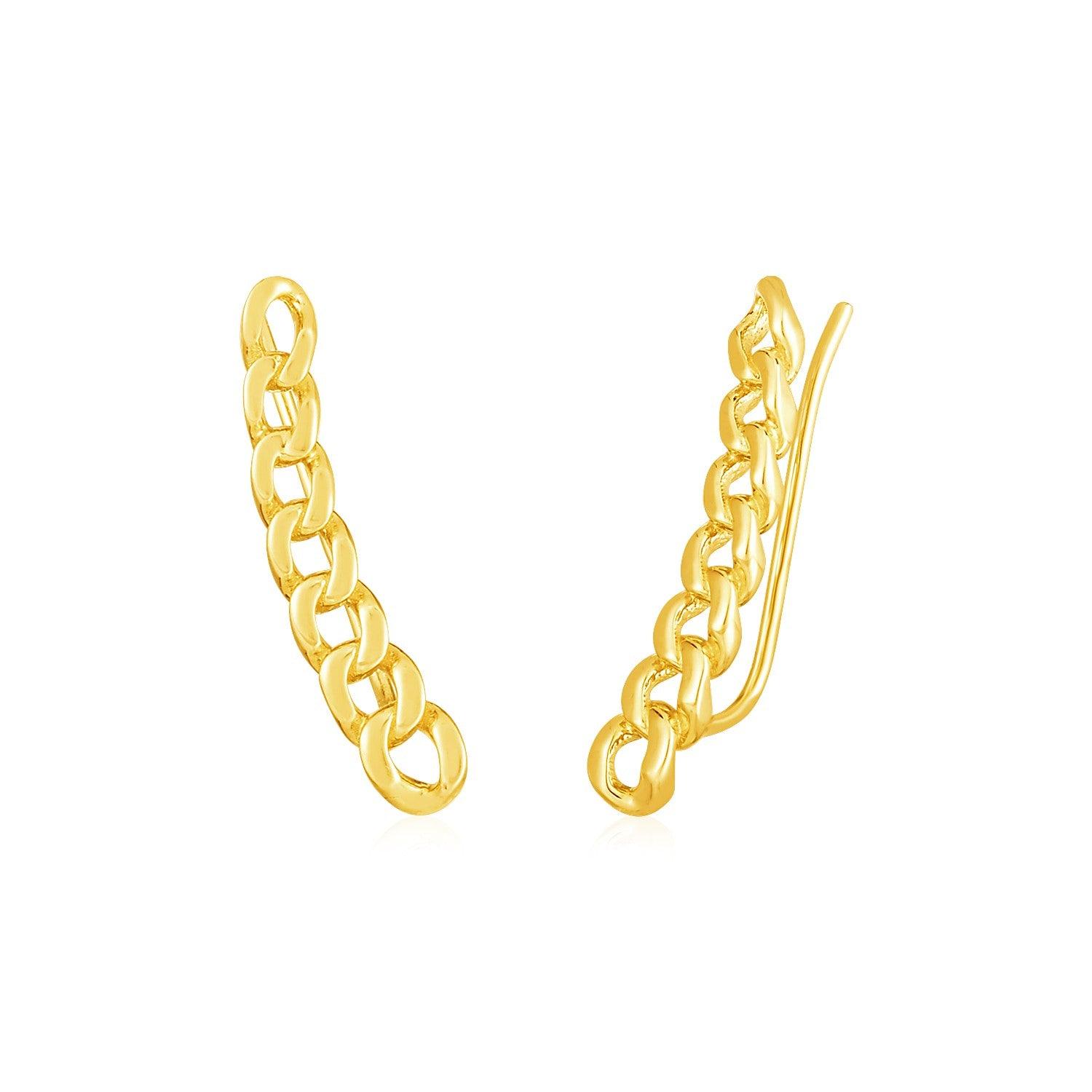 14K Yellow Gold Ear Climber Earrings with Chain Links - Elegant Dangling Hoop Earrings for Women, Perfect for Parties, Weddings & Everyday Wear