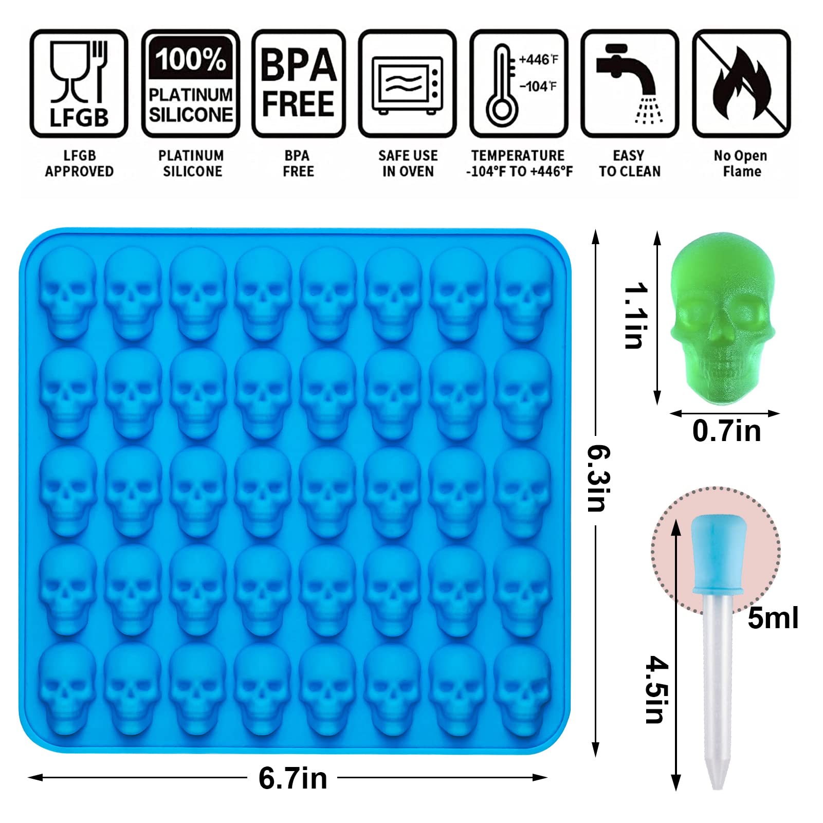 2Pcs Silicone Gummy Skull Candy Molds - Nonstick Food Grade Chocolate & Jelly Molds with Dropper - Perfect for Halloween Treats, Party Favors, DIY Desserts & Ice Cubes