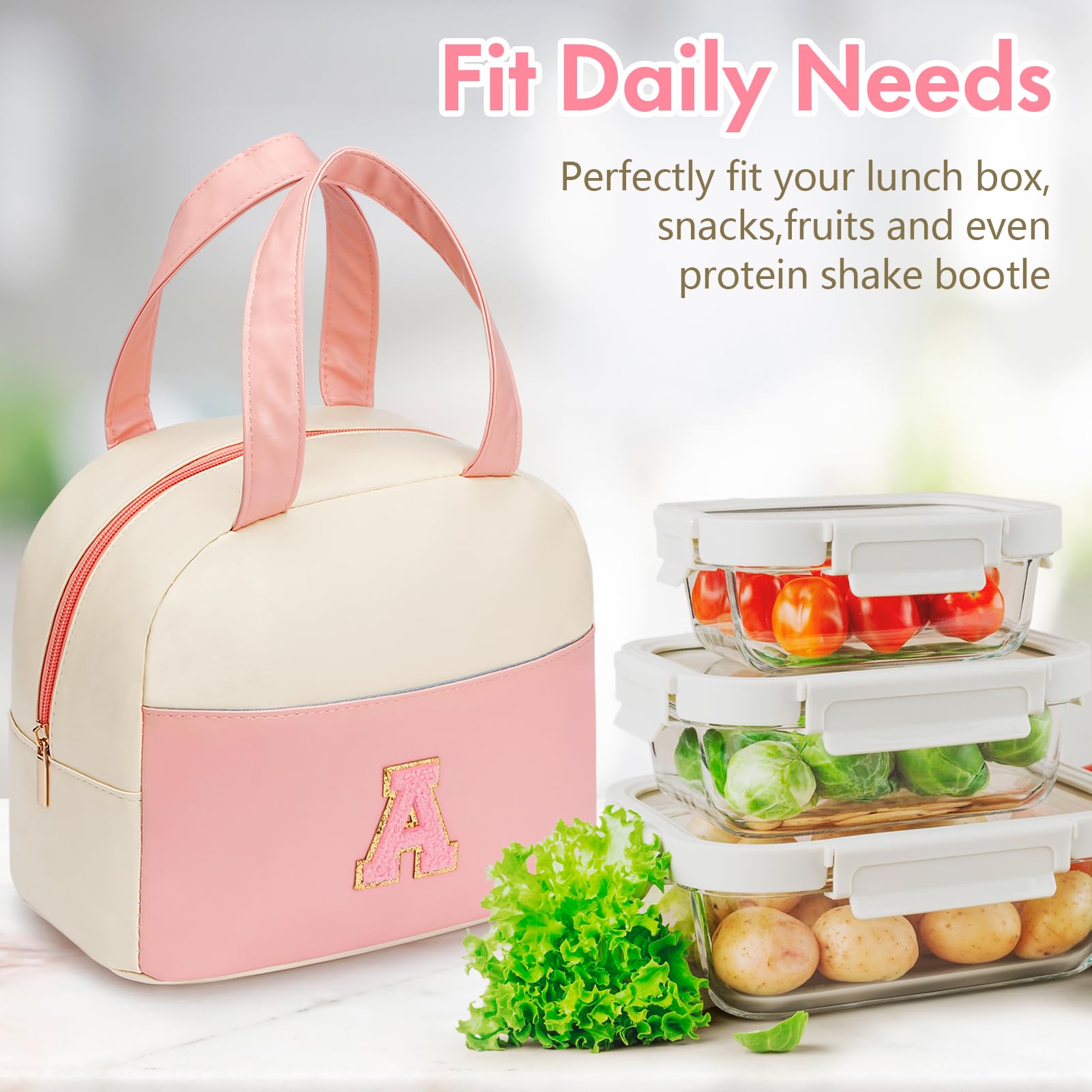 Insulated PU Leather Lunch Bag for Women & Men - Leakproof Freezable Cooler Bag with Chenille Letters, Reusable Portable Lunch Box for Office, Work, School & Picnics