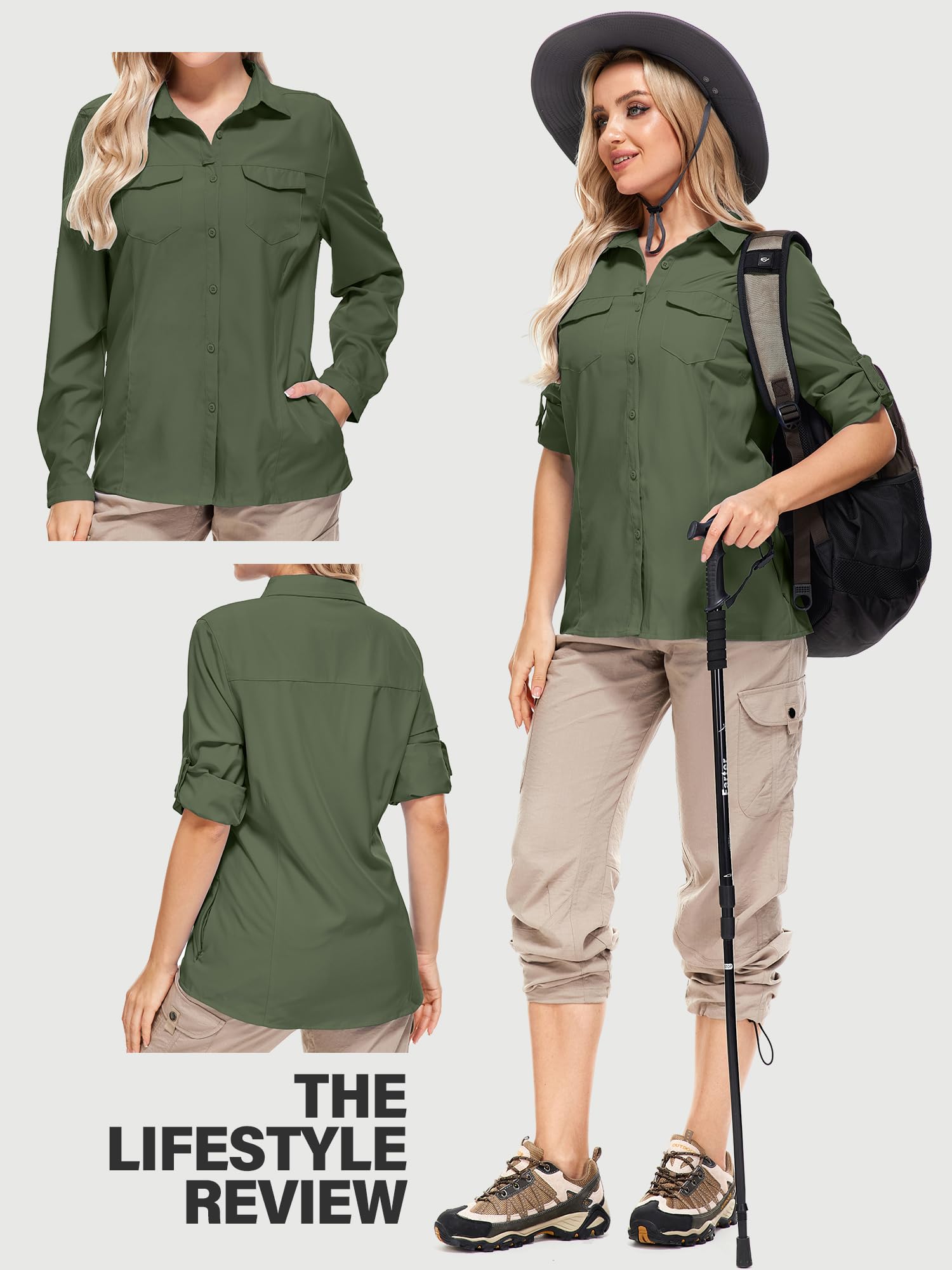 UPF50+ Sun Protection Fishing Shirts for Women & Men - Long Sleeve Travel & Safari Work Shirts with Zipper Pockets - Perfect for Outdoor Activities, Hiking, and Beach Vacations
