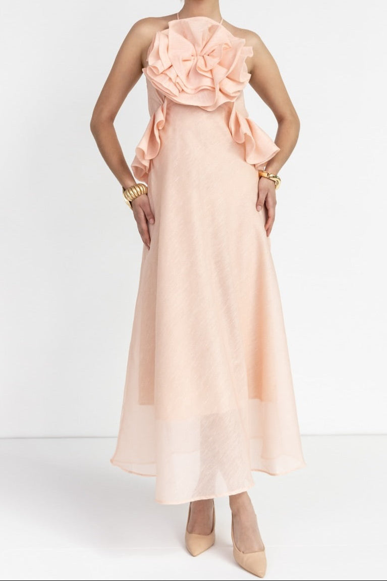 Aurora Halter Neck Ruffle Maxi Dress in Pink - Elegant Summer Beach Wedding Party Dress for Women