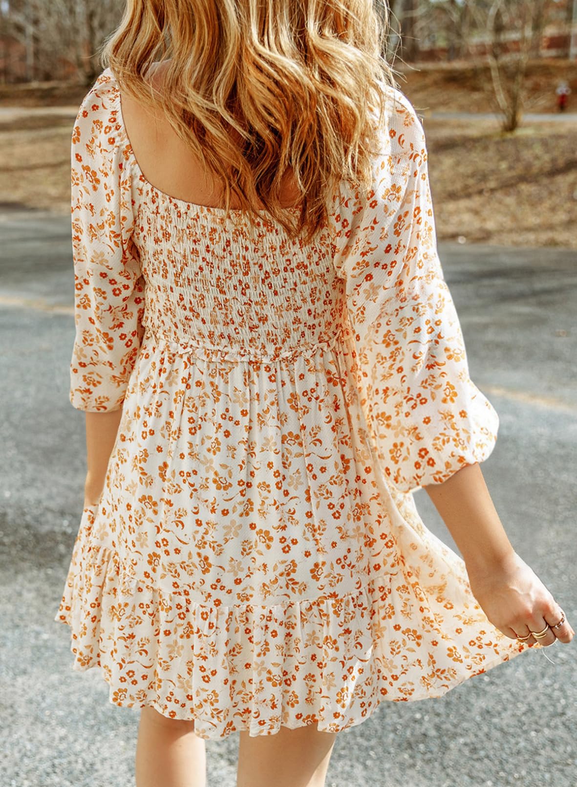 Boho Floral Spring Dress for Women 2025 - Square Neck Smocked 3/4 Sleeve A-Line Mini Sundress | Casual Swing Dress for Beach, Vacation & Summer Outings
