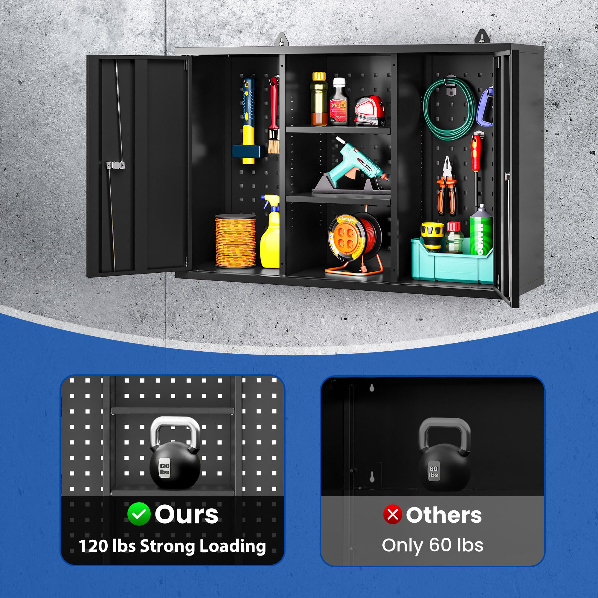 Black Metal Wall Storage Cabinet with Lock - Adjustable Shelves Garage & Kitchen Organizer for Home Workshop - Easy Assembly (23.6''H) | Perfect for Garage Tools, Kitchen Supplies & Workshop Organization