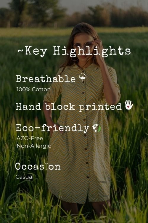 Shining Zigzag Azofree Handblock Printed Pure Cotton Dress for Women | Breathable & Comfortable Summer Dress | Perfect for Casual Outings, Beach Trips & Boho Fashion