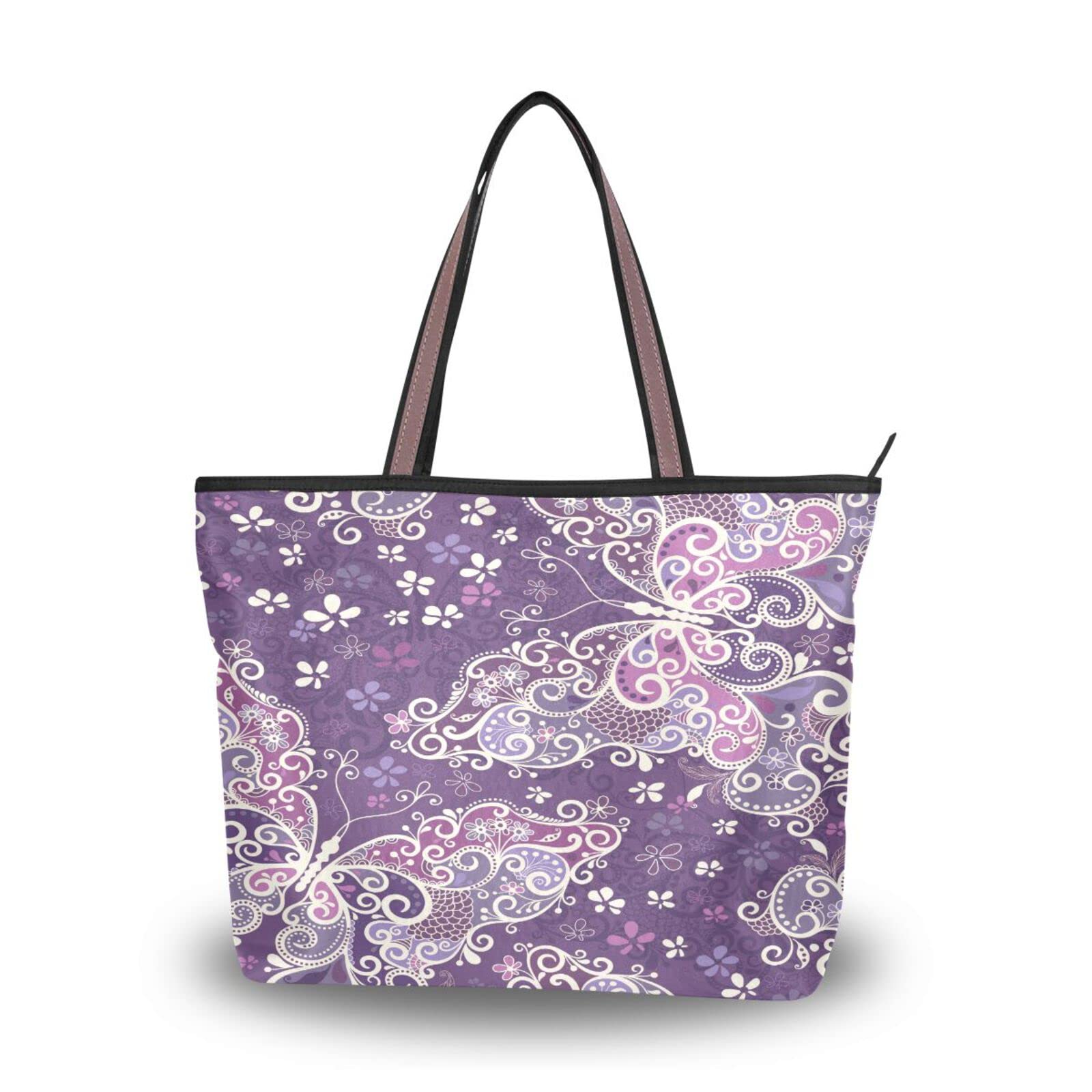 ALAZA Large Butterfly Floral Print Reusable Zippered Tote Bag for Women - Stylish Shoulder Handbag Perfect for Beach, Travel, Shopping & Daily Use