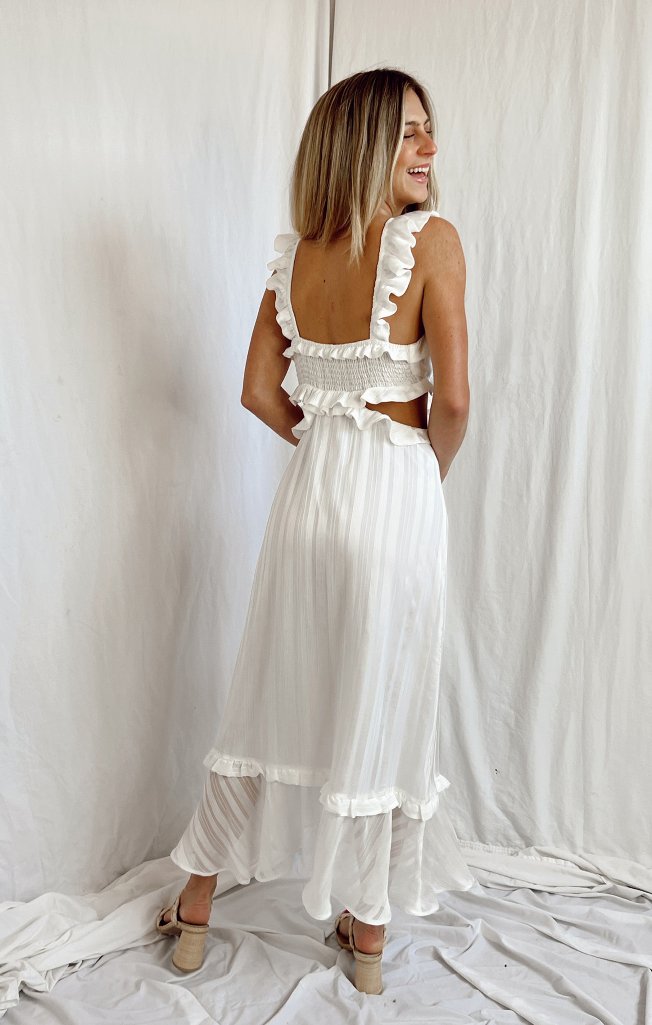 Lane Midi Dress - Flutter Sleeve Striped Chiffon White Summer Dress for Women | Beach Wedding, Party & Casual Wear