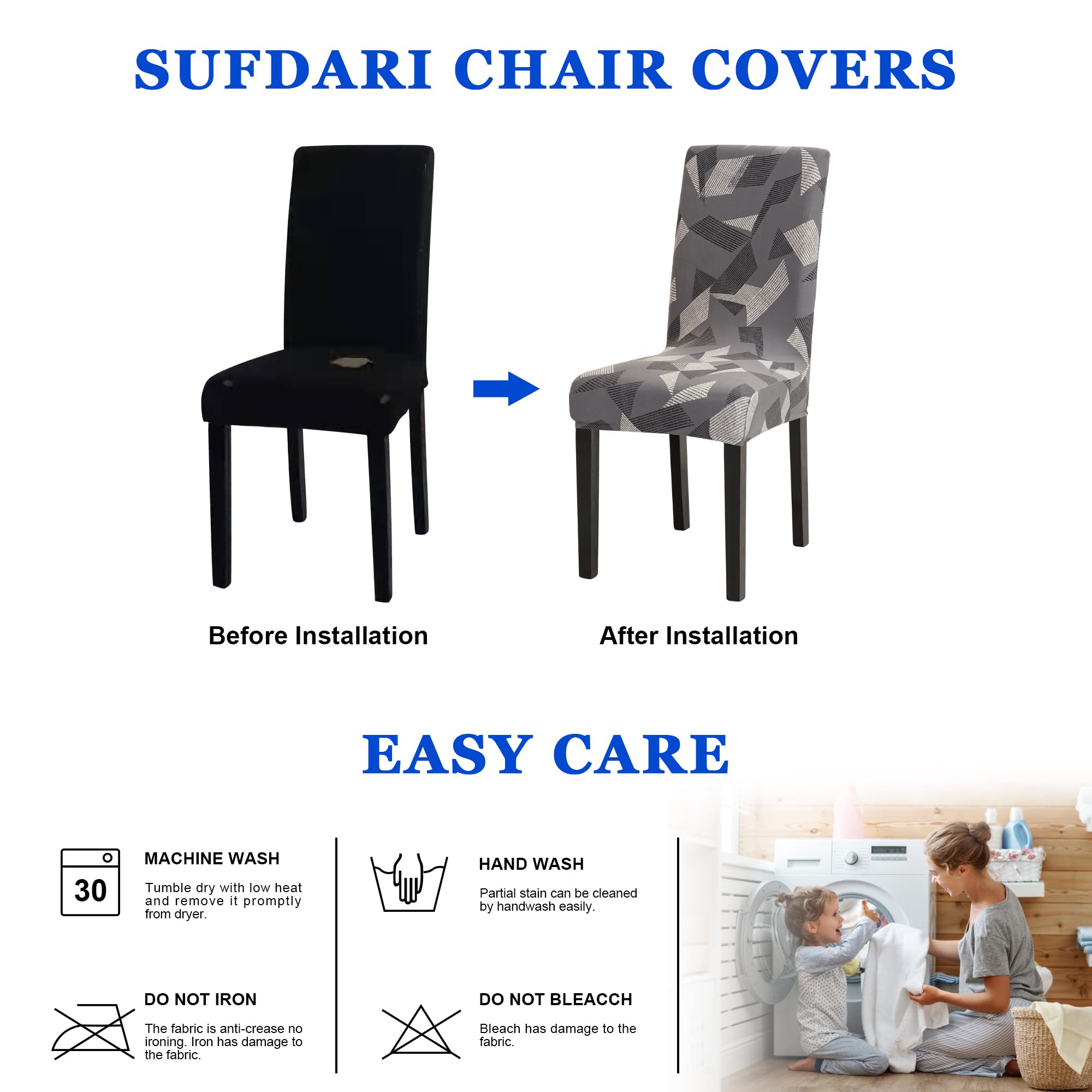 Stretchable Spandex Dining Chair Covers Set of 6 - Grey Triangle Pattern Slipcovers for Kitchen, Parsons & Dining Room Chairs | Washable Fabric Protectors for Home, Restaurant & Office Use