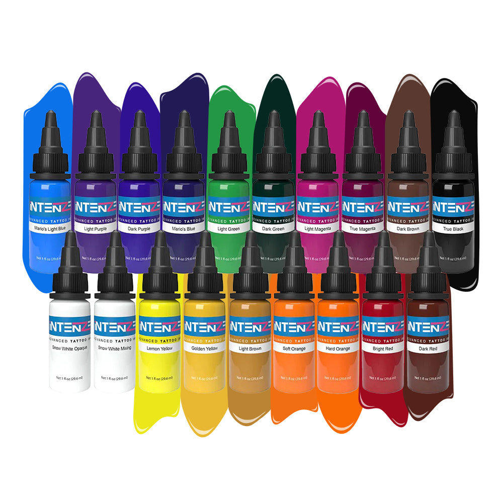 Intenze Tattoo Ink - Professional 4oz Basic Color Set (19 Bottles) for Tattoo Artists & Body Art Professionals - Perfect for Tattooing, Permanent Makeup & Cosmetic Procedures