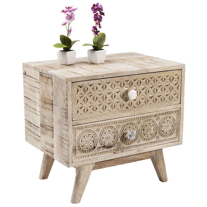 Hand Carved Two Door Nightstand in Natural Wood Finish - Solid Wood Bedside Table with Storage for Bedroom, Living Room & Guest Room Decor