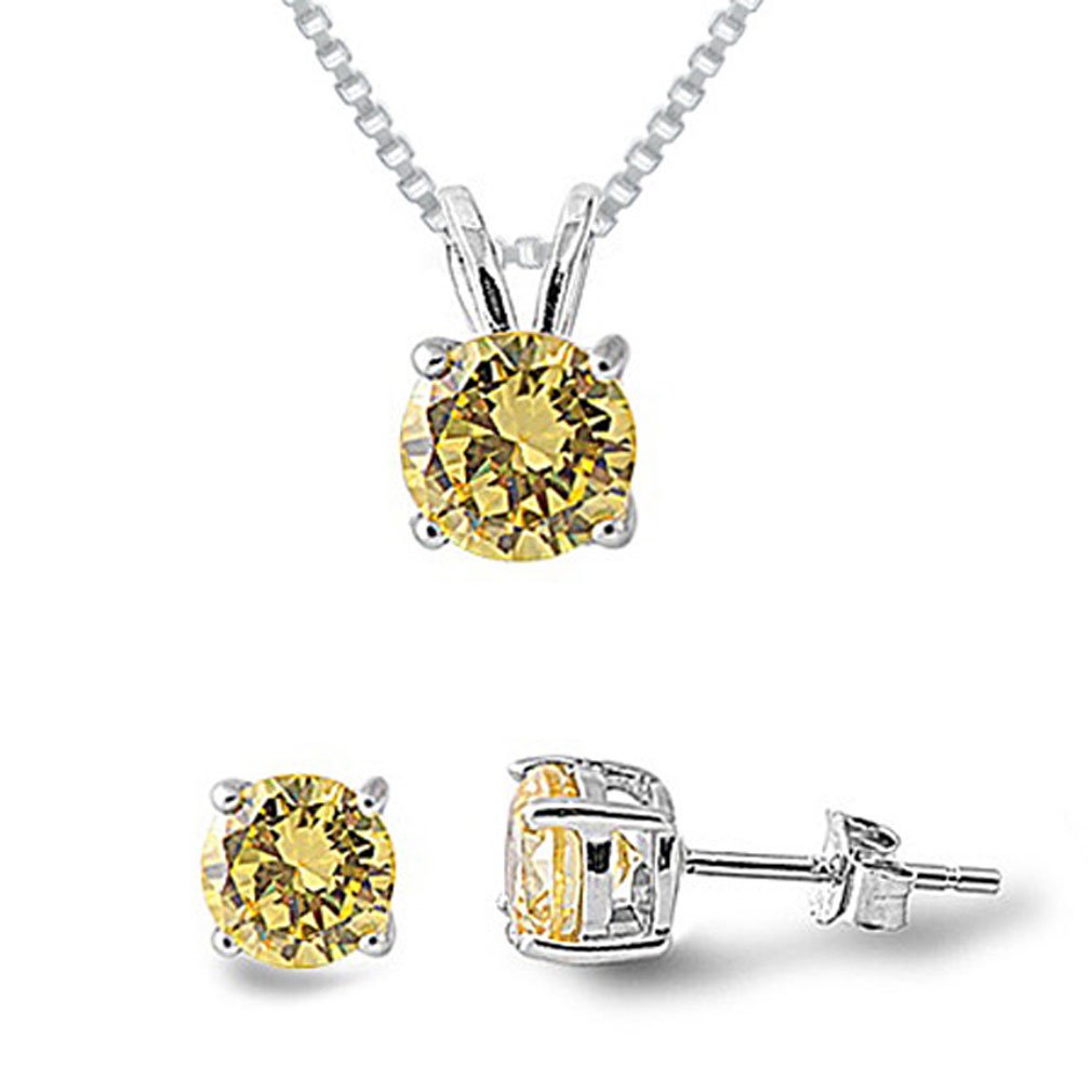 Kriskate & Co. Simulated Yellow Topaz Sterling Silver Necklace & Earrings Set - 18 Inch Jewelry Gift for Women, Birthday, Anniversary, Wedding, Party & Special Occasions