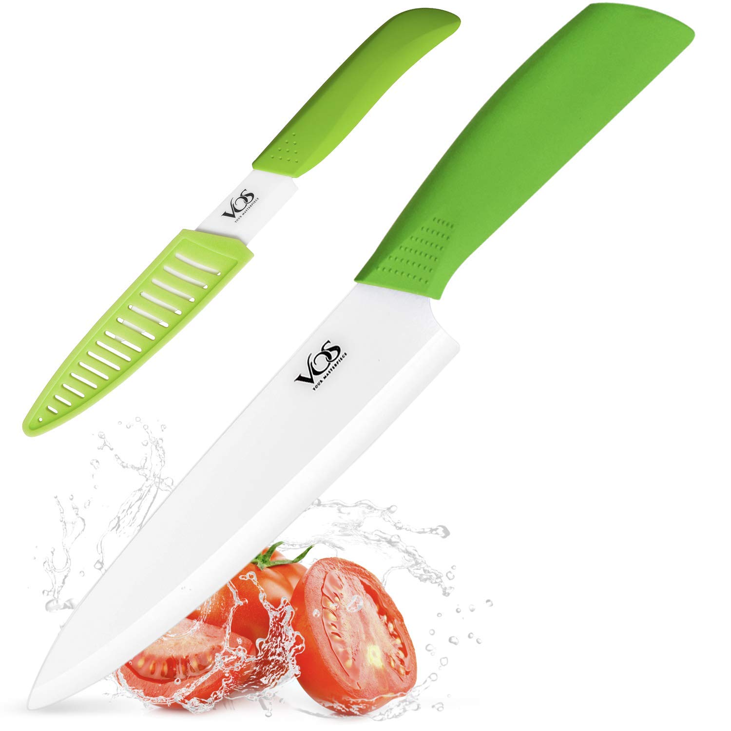 Premium Ceramic Knife Set - 8 Inch Chef Knife & 4 Inch Paring Knife by Vos - Ultra Sharp Kitchen Knives for Slicing, Dicing & Peeling Fruits Vegetables - Perfect Gift for Home Cooks & Professional Chefs