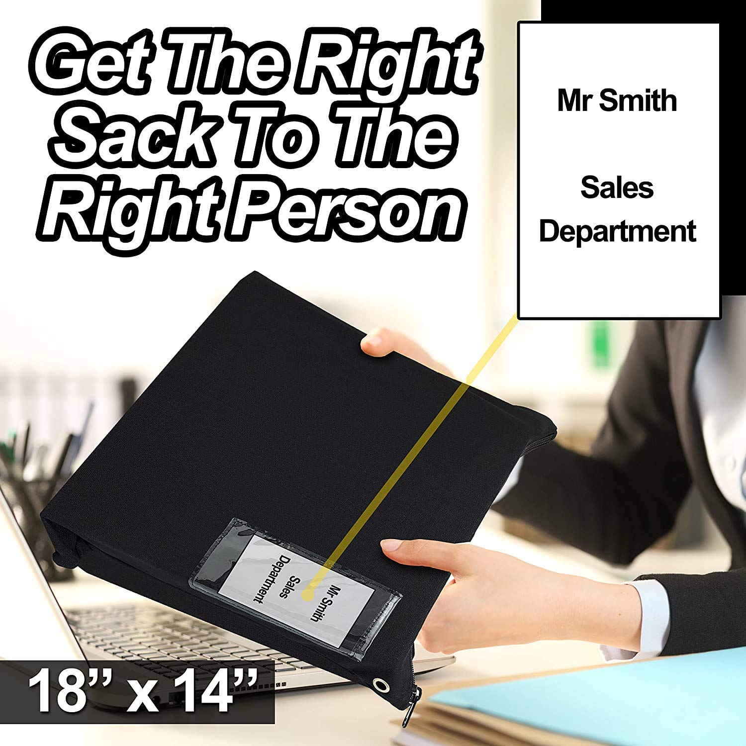 Extra Large Durable Black Canvas Zipper Bank Bag with ID Window - Interoffice Mailer Transit Sack (18