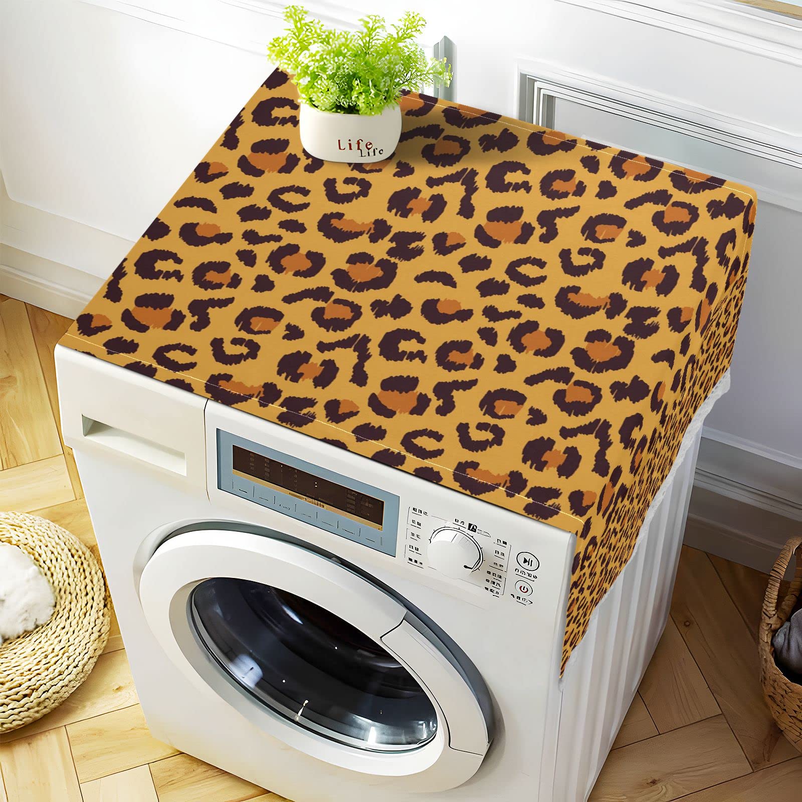 Leopard Print Washing Machine Cover - Anti-Slip Dryer Top Cover with 4 Storage Bags, Dustproof Refrigerator Protector - Perfect for Laundry Room, Basement & Apartment Appliances Protection