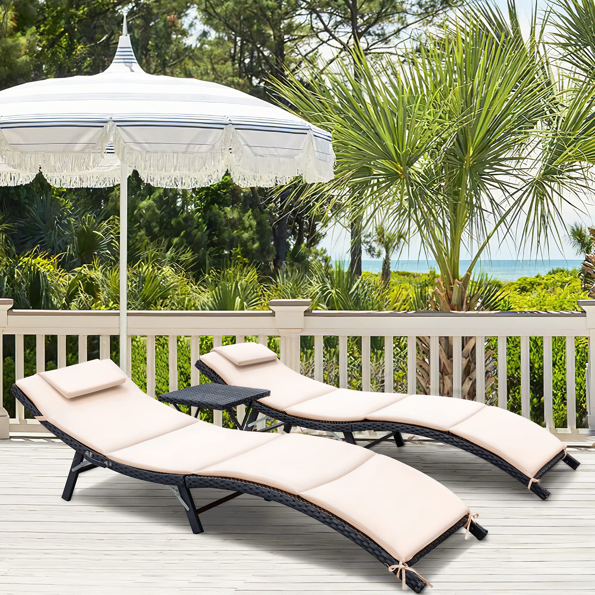 Homall 3-Piece Outdoor Chaise Lounge Set - PE Rattan Reclining Chairs with Folding Table & Cushions for Patio, Beach, Poolside (Beige) | Perfect for Sunbathing, Relaxing & Backyard Lounging