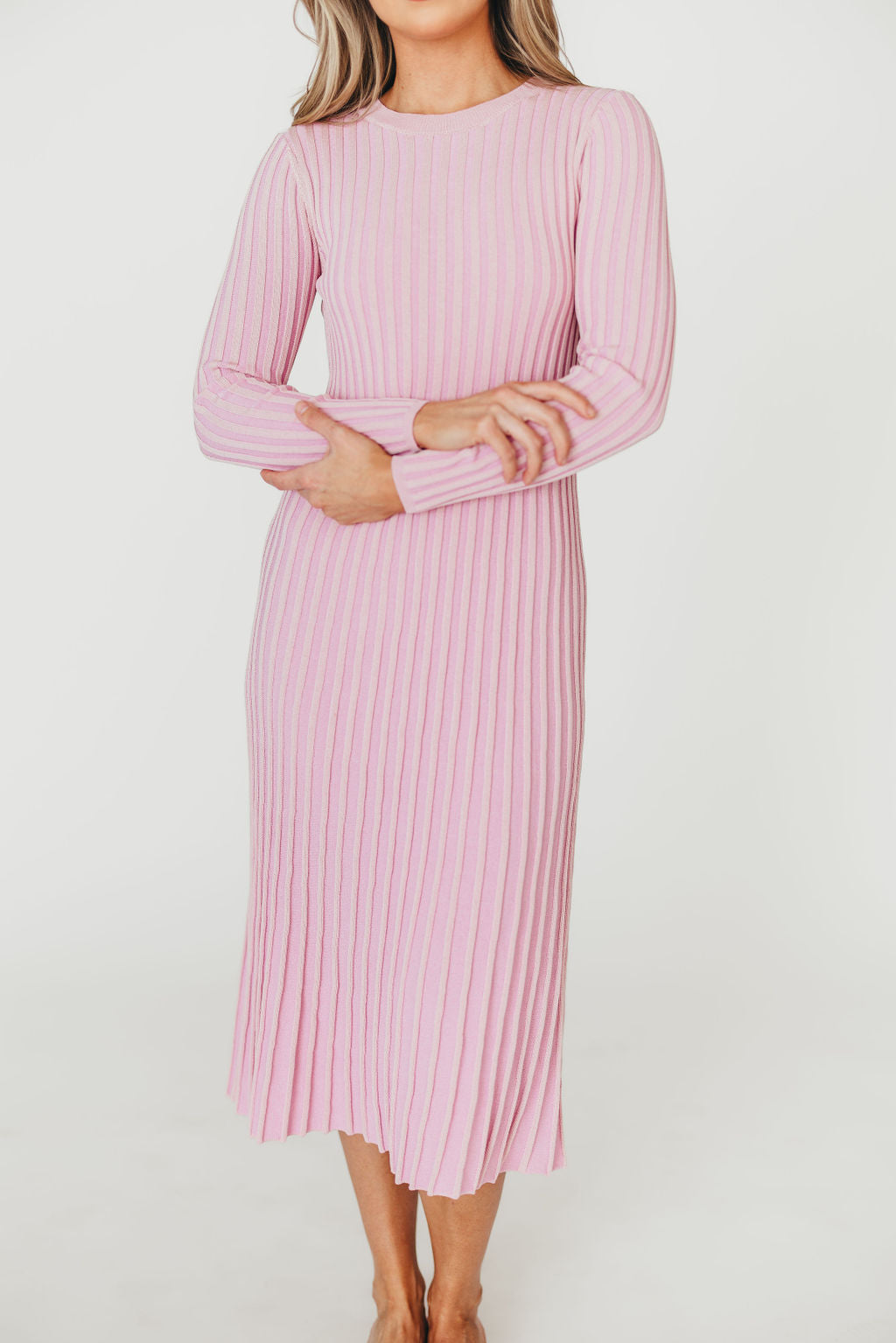 Lacey Long Sleeve Ribbed Sweater Midi Dress in Pink - Bump Friendly Maternity Wear for Pregnancy & Nursing | Perfect for Baby Showers, Date Nights & Fall Fashion