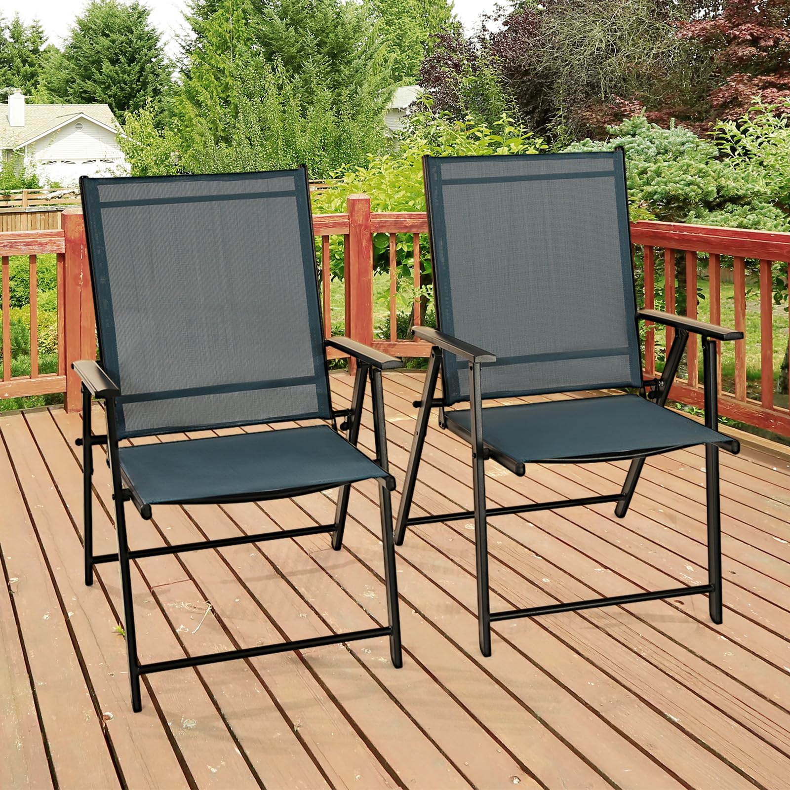 2 Pack Folding Patio Chairs - Heavy Duty Rustproof Metal Frame Outdoor Dining Chairs for Porch, Deck, Garden, Backyard & Camping (Dark Blue) - Perfect for BBQs, Picnics and Outdoor Relaxation