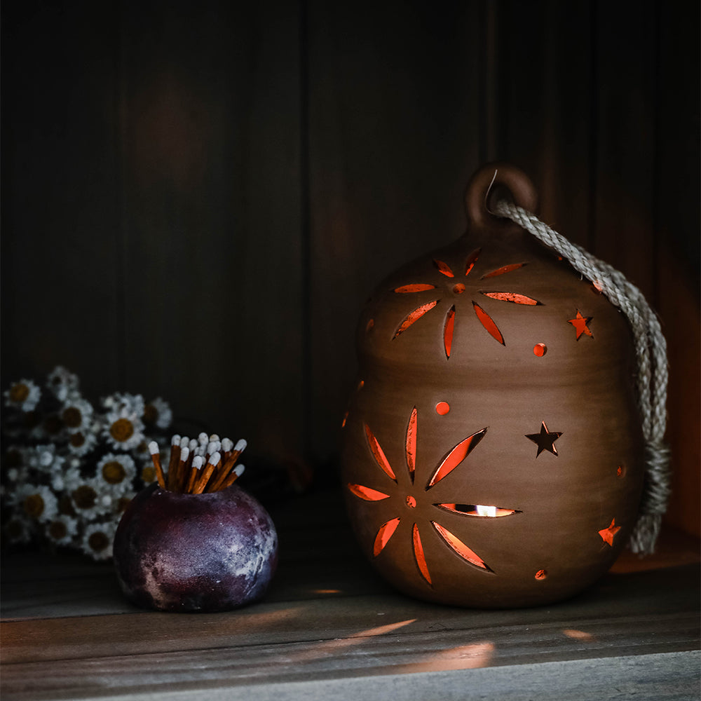 Round Terracotta Lantern - Handmade Clay Hanging Light for Outdoor Garden Patio Decor - Perfect for Boho Wedding Backyard Party Lighting