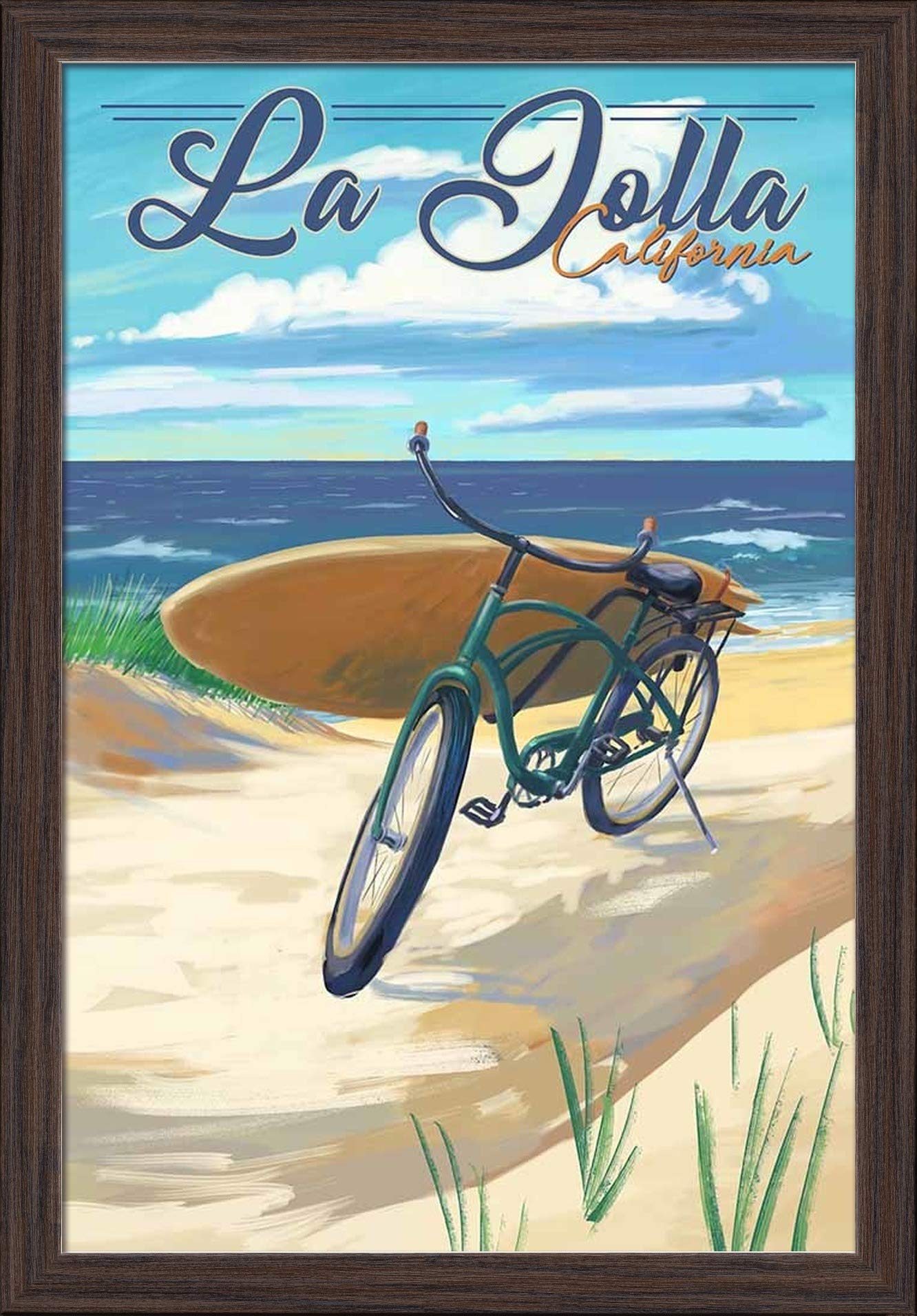 La Jolla California Beach Cruiser Bicycle Fine Art Print - 16x24 Inch Giclee on Recycled Wood Frame in Espresso Brown - Coastal Wall Decor for Living Room, Bedroom & Office
