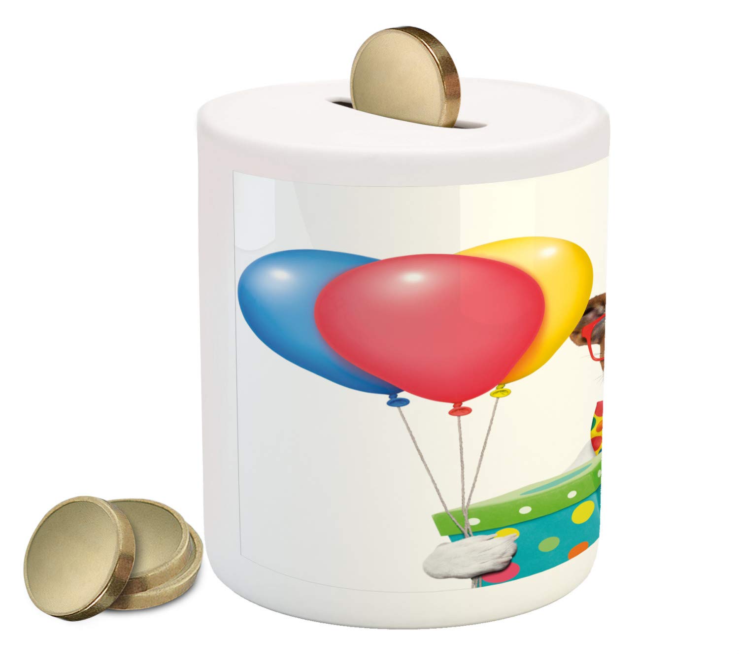 Ambesonne Ceramic Piggy Bank - Birthday Party Money Box with Waiter Dog, Hat Cone & Cupcake Balloons Design for Cash Savings | Ideal Gift for Kids, Party Favors & Coin Collectors | Perfect for Birthdays, Graduations & Special Occasions