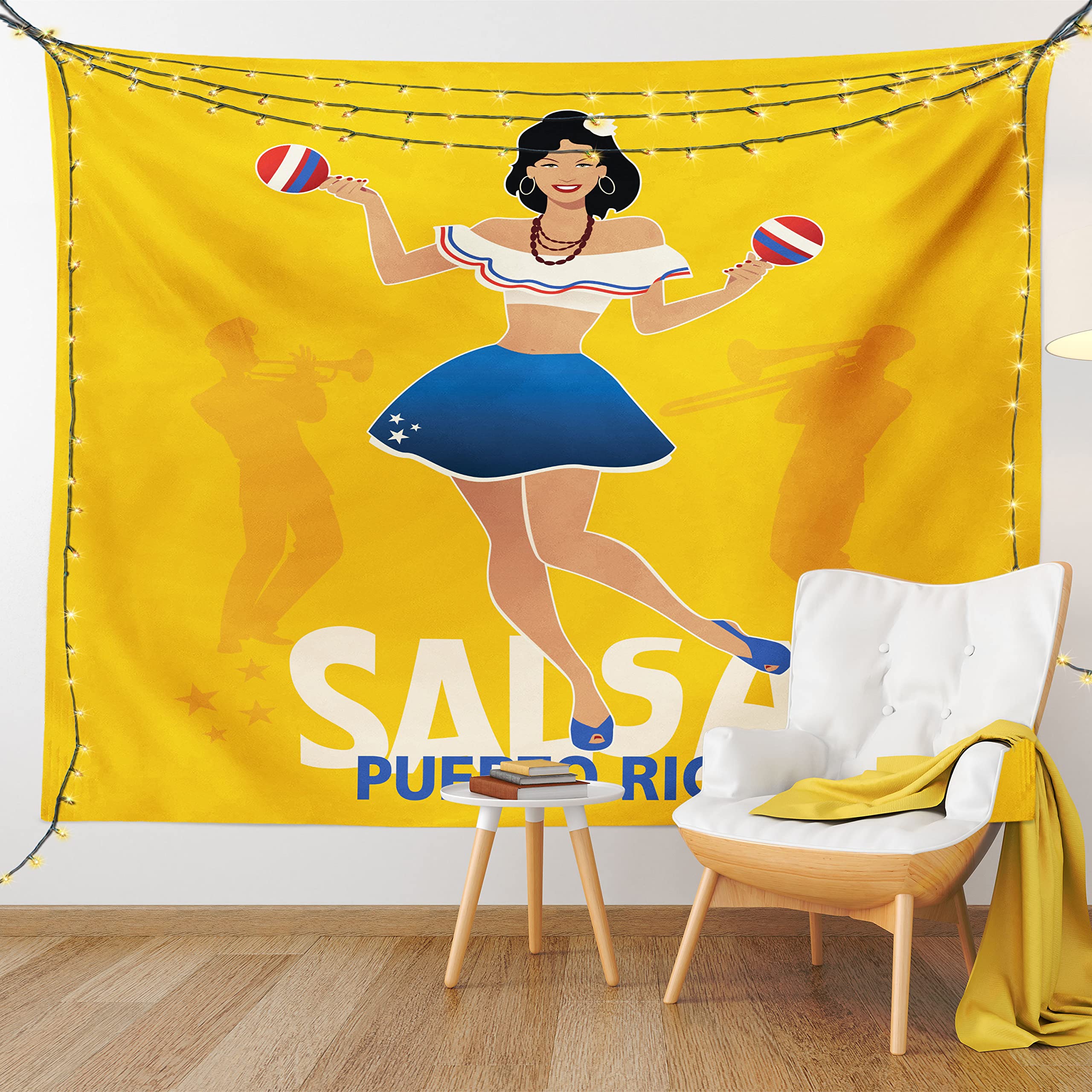 Lunarable Puerto Rico Tapestry - Vibrant Salsa Dancing Girl with Maracas, Trombonist & Trumpeter Silhouette Wall Art - 80x60 Inch Large Wall Hanging for Bedroom, Living Room, Dorm Decor - Perfect for Latin Music Lovers & Tropical Theme Parties