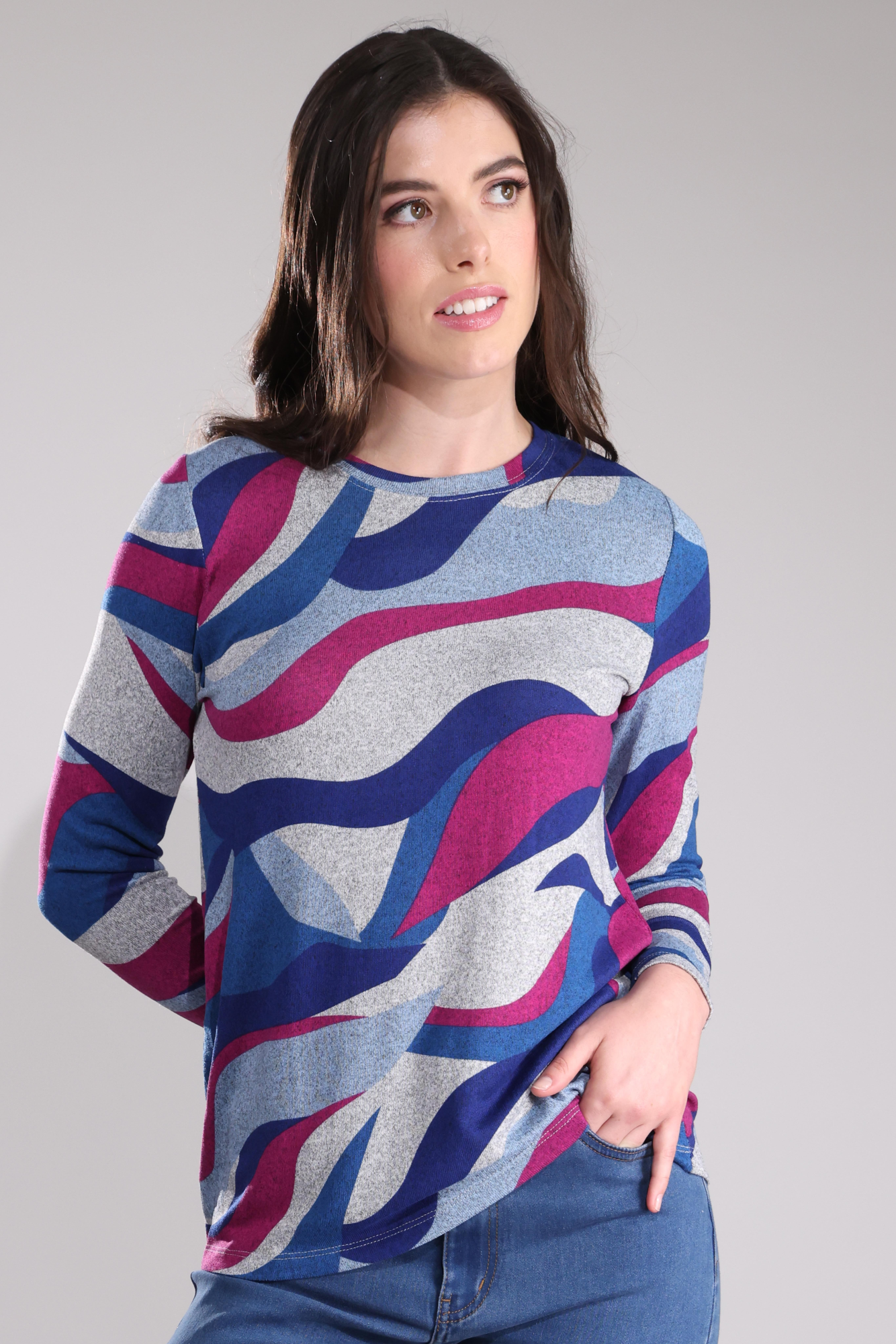 Printed Warm Touch Tunic Top - Cerise Blue Swirl Design | Women's Casual Long Sleeve Blouse 7912B1 | Perfect for Work, Office & Everyday Wear