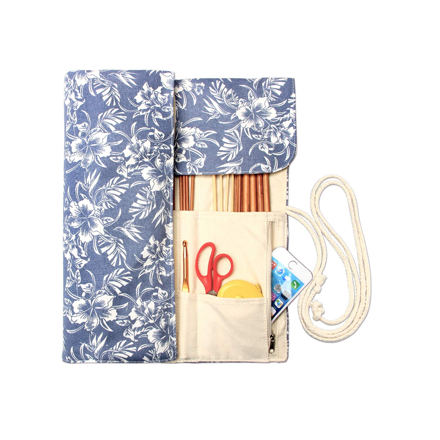 Teamoy Knitting Needles Holder Case (14 Inch) - Rolling Organizer for Straight & Circular Knitting Needles, Crochet Hooks & Craft Accessories - Blue Floral Design - Perfect for Travel & Home Knitting Projects