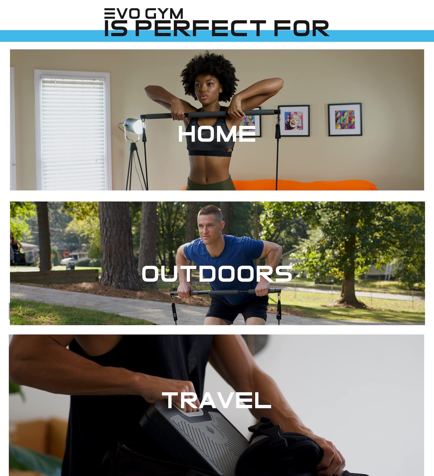 EVO Gym - Portable Home Gym Equipment for Strength Training, Resistance Bands with Base Holds Gym Bar & Handles | Compact Travel & Home Workout Solution for Full Body Exercise | Perfect for Home, Office, Travel & Outdoor Fitness