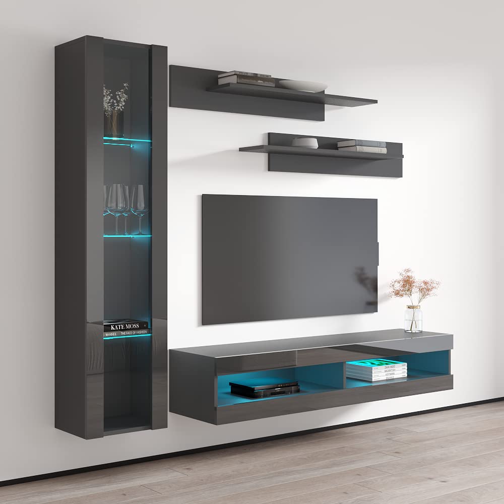 Modern Gray Wall-Mounted TV Stand with Storage Shelves & LED Lights - Meble Fly G 34 Entertainment Center for Bedroom & Living Room - Space-Saving Media Console for Small Apartments & Home Theater Setup