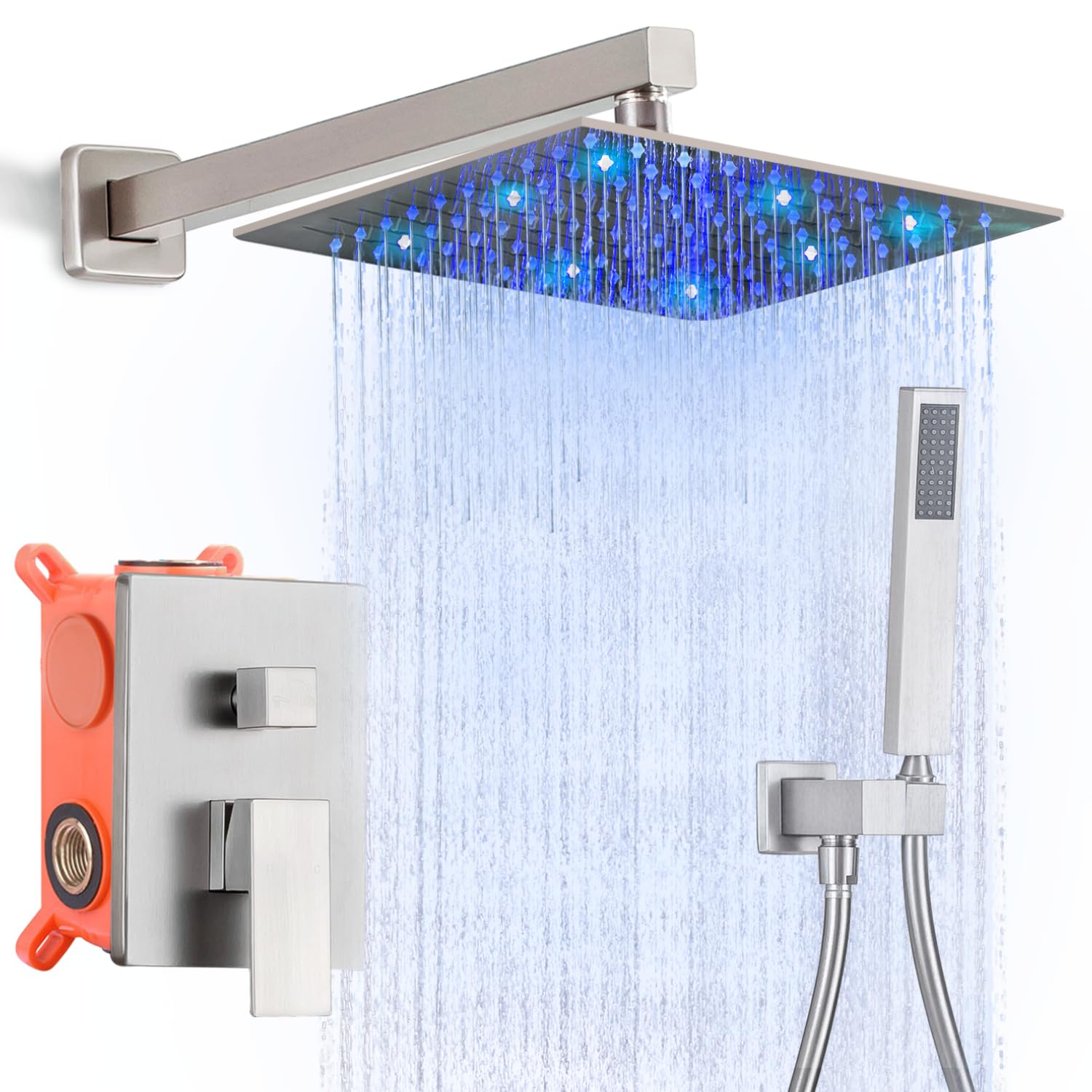 LED Shower Faucet Set - 10 Inch Wall Mounted Rain Shower Head with High Flow Hand Shower, Brushed Nickel Finish - Complete Shower System with Rough-in Valve & Trim Kit - Perfect for Modern Bathrooms & Spa-Like Shower Experience