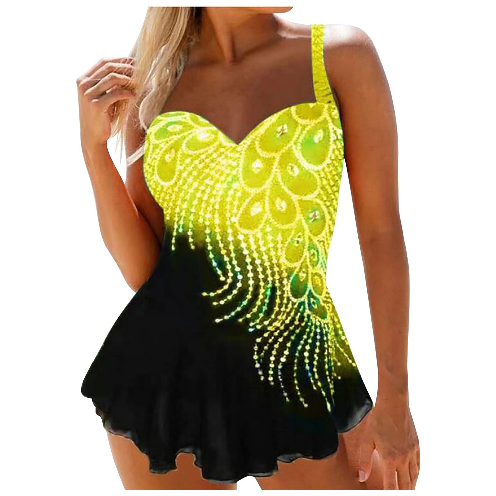 Women's Large Size Swimsuit with Feather Print & Color Block Design - Perfect for Beach Vacations, Pool Parties & Summer Getaways