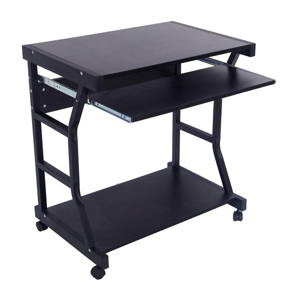 Compact Mobile Computer Desk Cart with Keyboard Tray & Printer Shelf - Black | Ideal for Home Office, Small Spaces, Workstations & Writing Desks