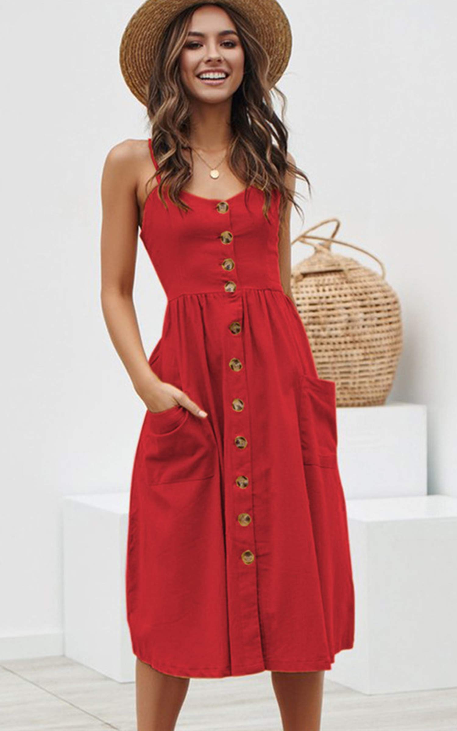 Angashion Women's Summer Floral Bohemian Spaghetti Strap Button Down Swing Midi Dress - Casual Beach Dress for Vacation, Date Night & Outdoor Parties