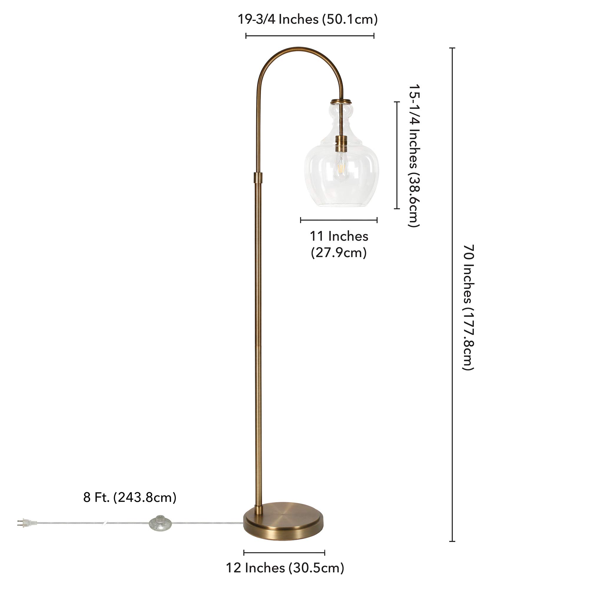 Henn&Hart Arc Floor Lamp with Glass Shade in Brass/Clear - Modern Adjustable Standing Light for Home Office, Bedroom & Living Room - Perfect for Reading, Working & Ambient Lighting