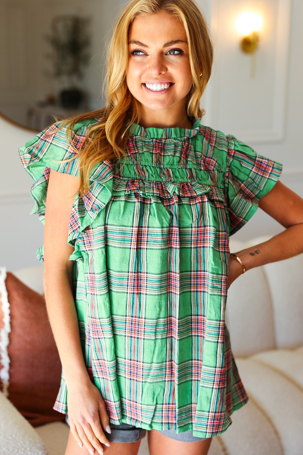 Stylish Haptics Green Plaid Shirred Yoke Flutter Sleeve Top for Women | Trendy Casual Blouse for Spring & Summer Outfits | Perfect for Dates, Office Wear & Weekend Brunch