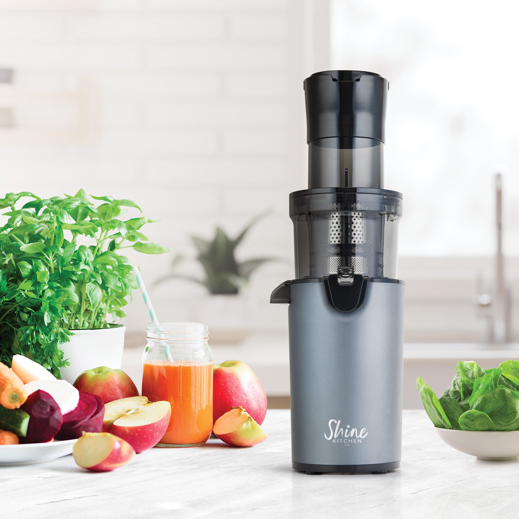 Shine Kitchen Co.® Easy Cold Press Juicer with XL Feed Chute - Slow Masticating Juicer for Fruits & Vegetables - Perfect for Healthy Juicing, Detox & Weight Loss at Home