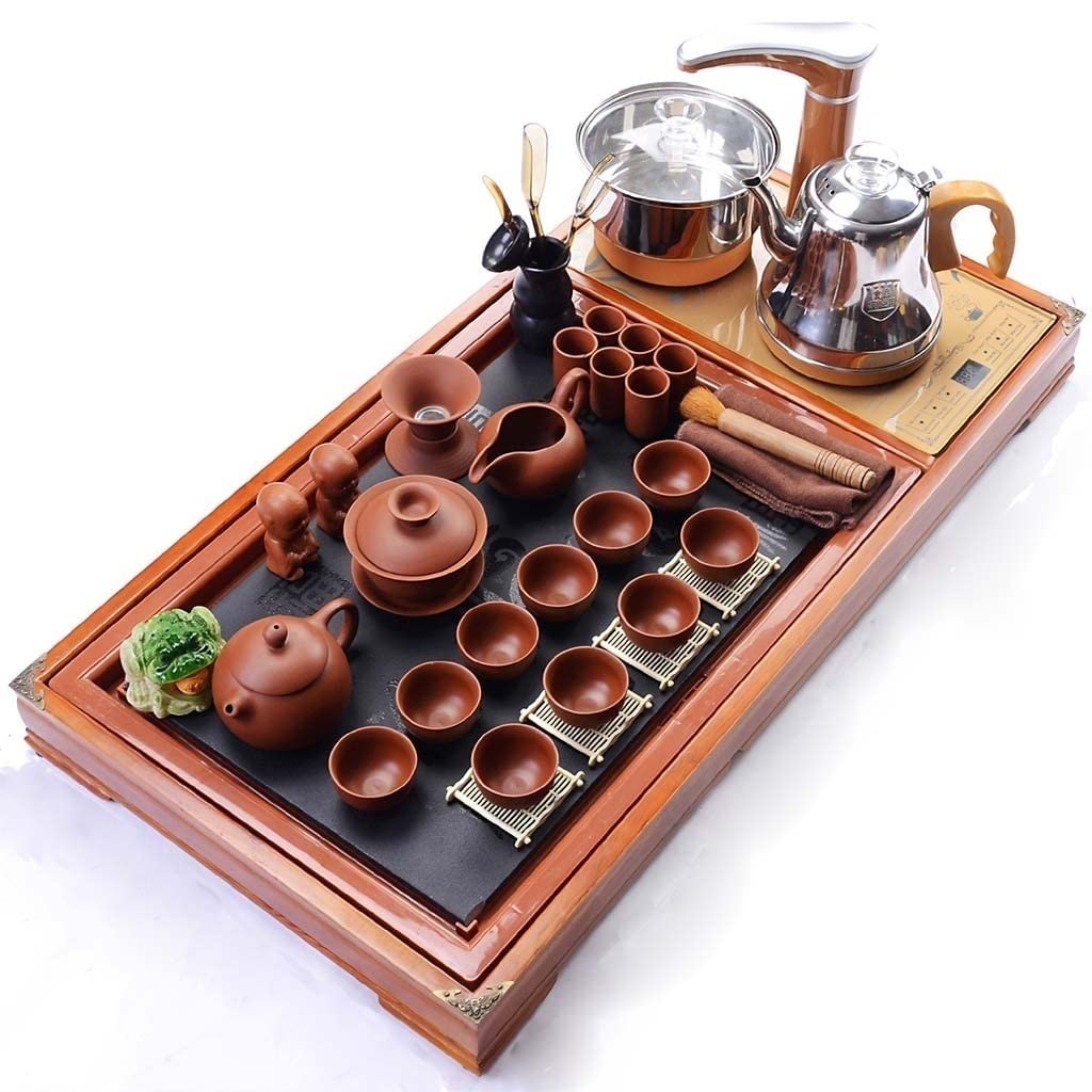 Premium Chinese Kung Fu Tea Set with Wooden Serving Tray - Solid Wood Tea Ceremony Set with Drainage & Water Storage - Traditional Tea Room Board Table for Home & Office - Perfect for Meditation, Gifts & Asian Culture Enthusiasts